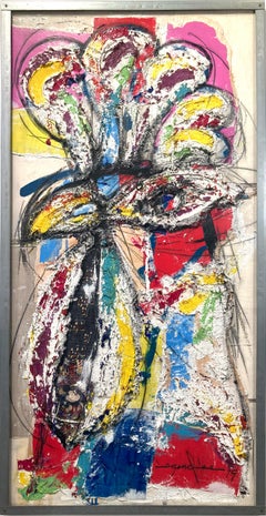 "Coq-imperial (Gallo con colori)" Pittura contemporanea a tecnica mista su Wood