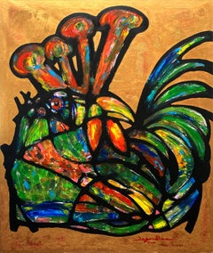 Used "Coq-imperial (Rooster with Gold)" Contemporary Mixed Media Painting on Canvas