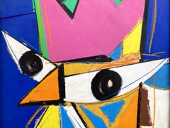 "Coq-imperial (Rooster with Shapes)" Contemporary Mixed Media Painting on Wood