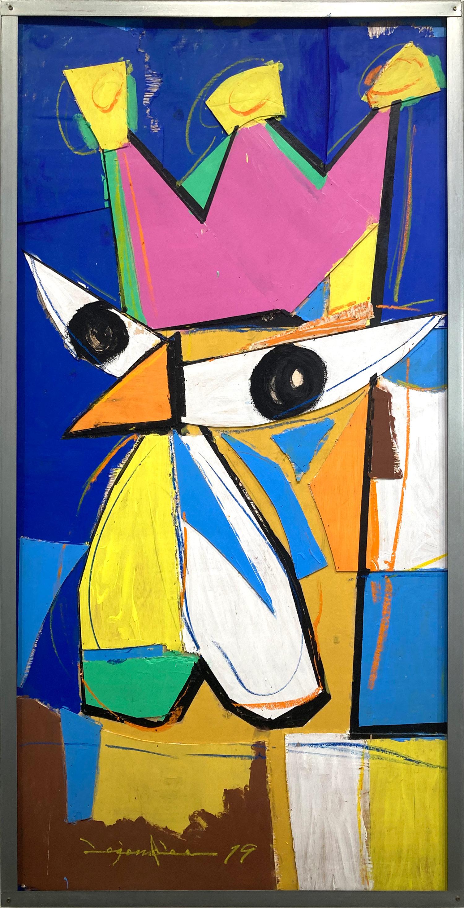 "Coq-imperial (Rooster with Shapes)" Contemporary Mixed Media Painting on Wood