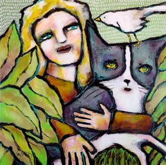 Cat With Girl and Bird, Original Painting