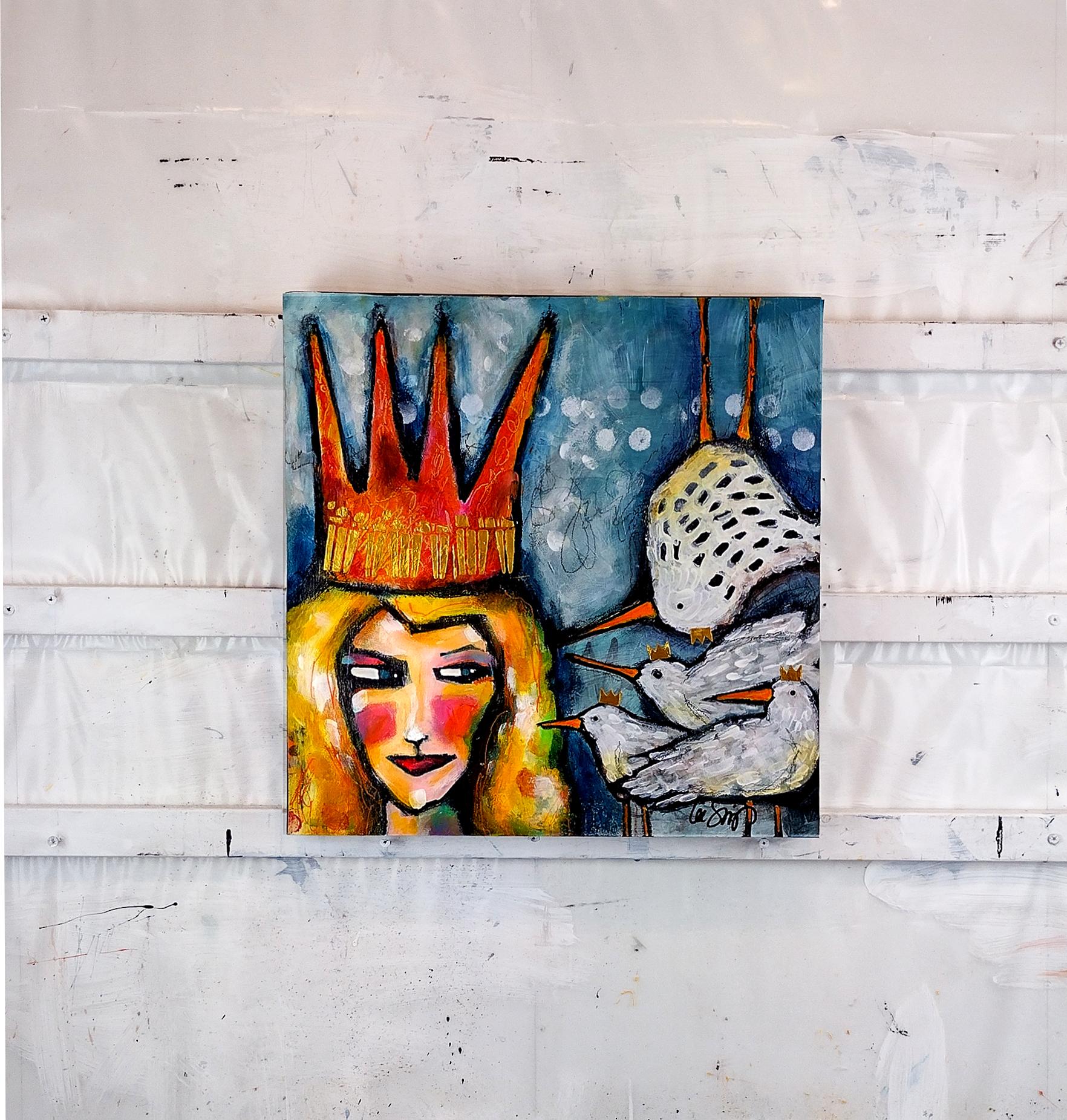 <p>Artist Comments<br />The painting captures the essence of feminine power and unity, with a crowned figure at its center embodying the strength of all women. Her gaze turns toward the birds, symbolizing various voices and perspectives who whisper