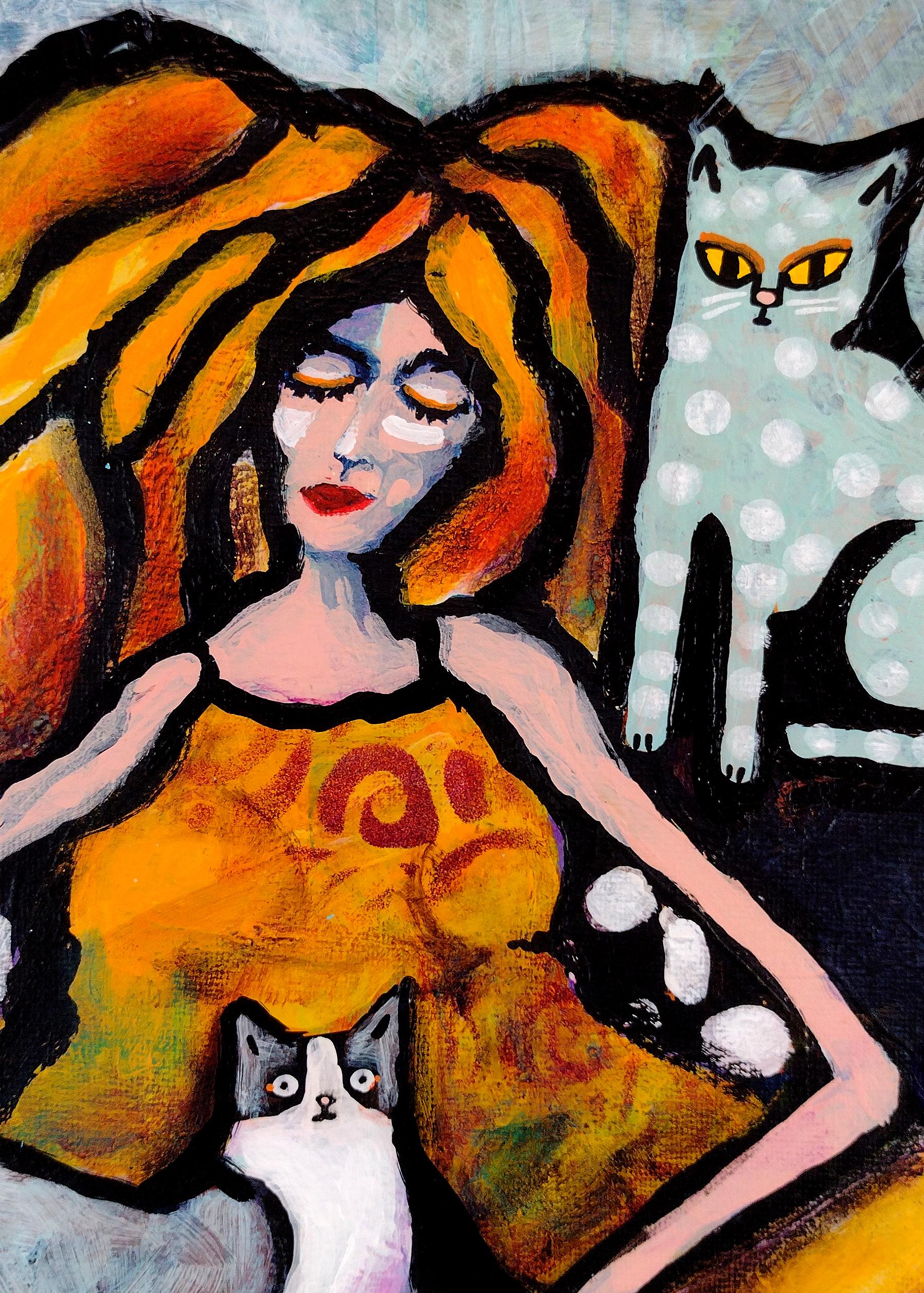 Cat Lady, Originalgemälde im Angebot 1