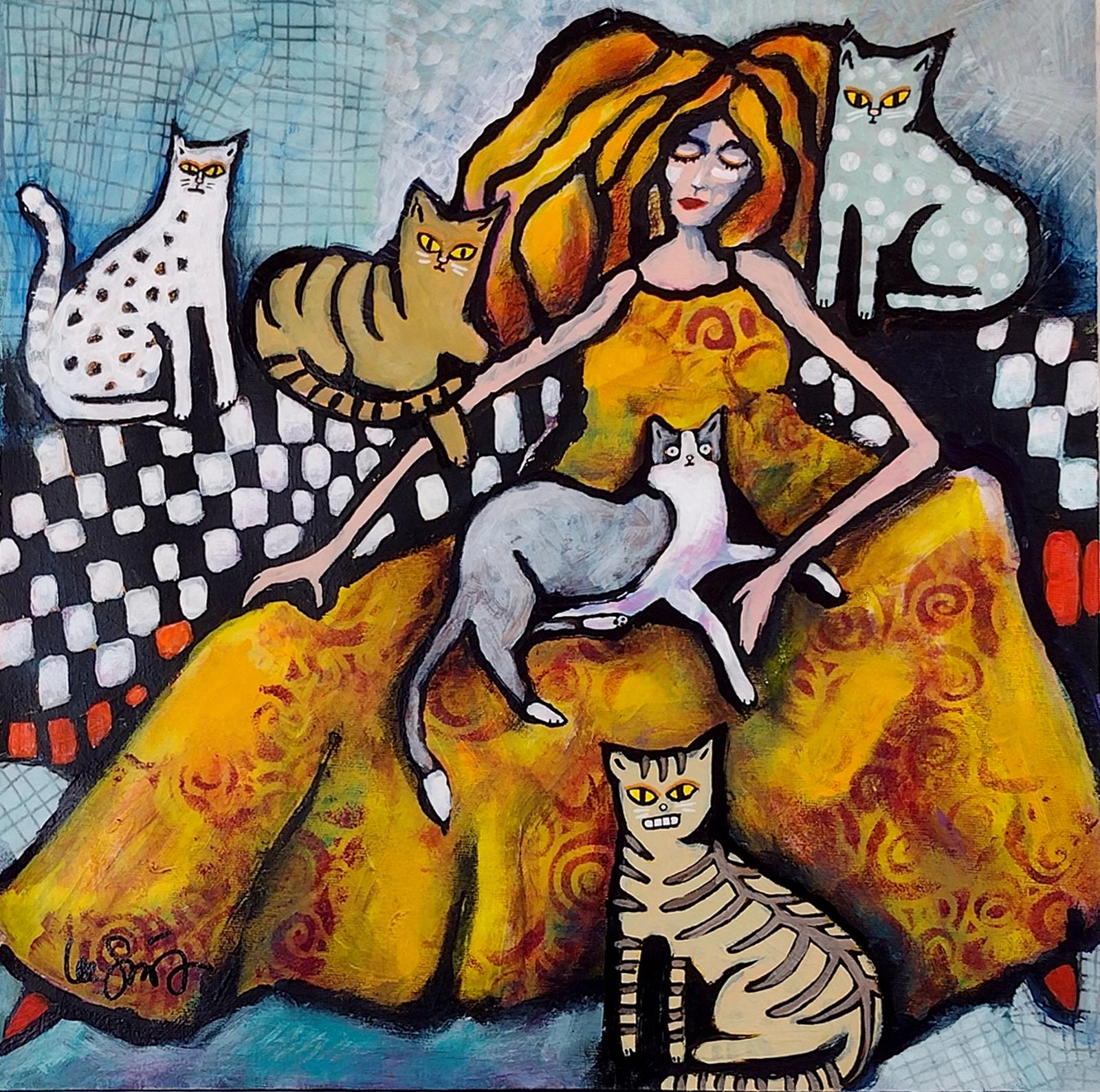 Lady Cat Lady, peinture originale - Mixed Media Art de Lee Smith