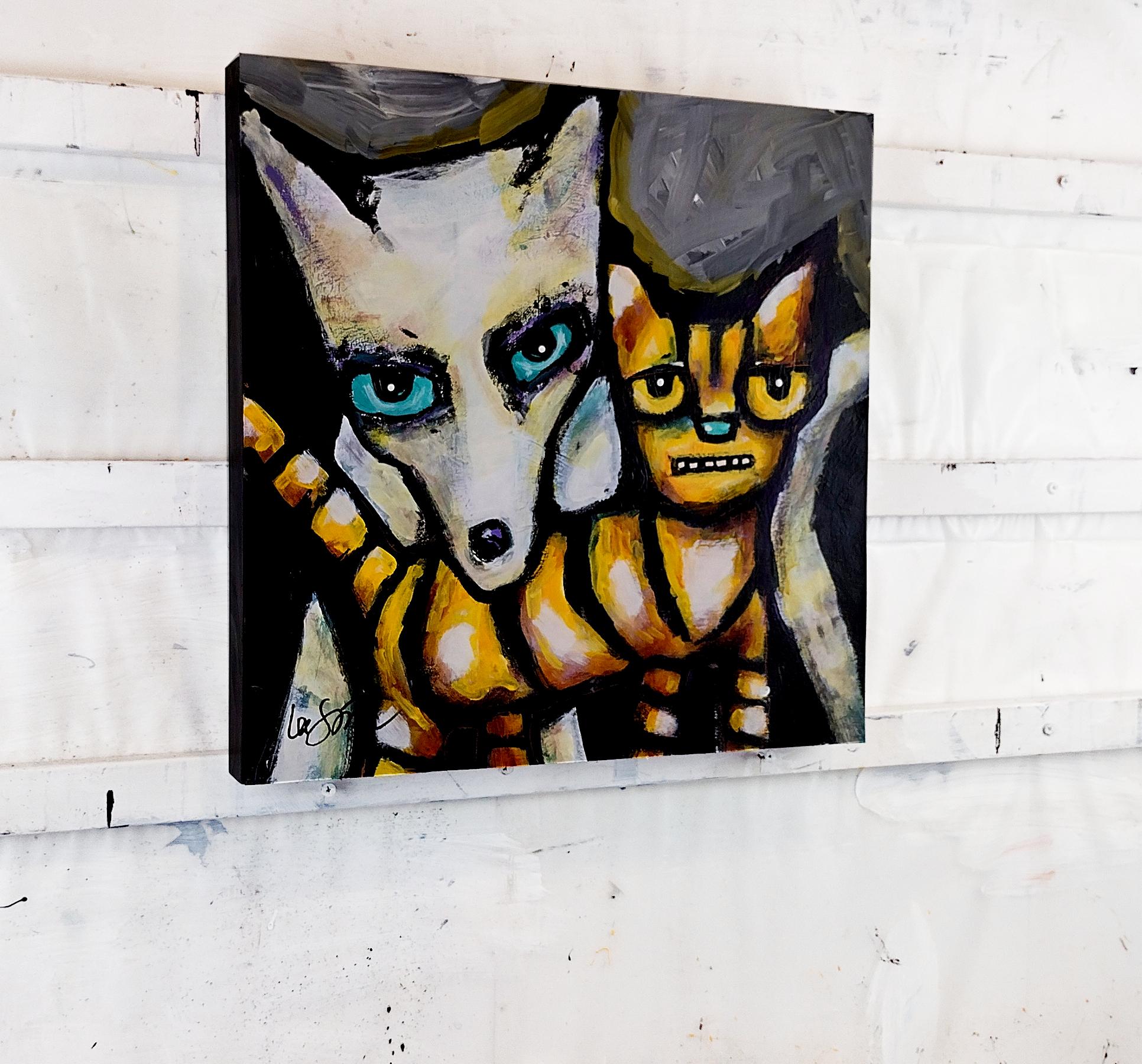 <p>Artist Comments<br>A yellow tabby cat captures attention with its enigmatic and inviting gaze. Behind it, the dog shows a protective aura, silently vowing loyalty and friendship. The composition, defined by bold black strokes, captures the