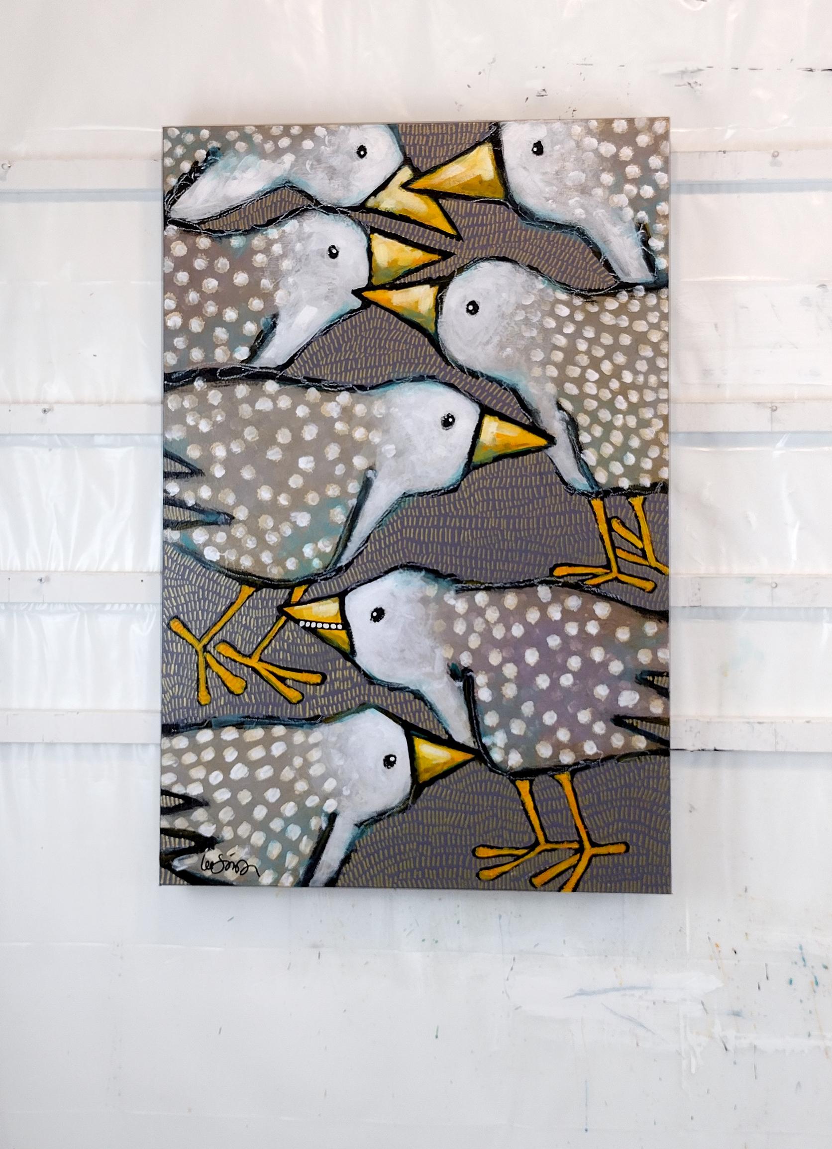 <p>Artist Comments<br />Artist Lee Smith presents seven bird friends gathered together, one grinning with joy. Bold brushstrokes outline each bird with coordinated gray shades applied by both brush and fingers. Lee meticulously details the rich