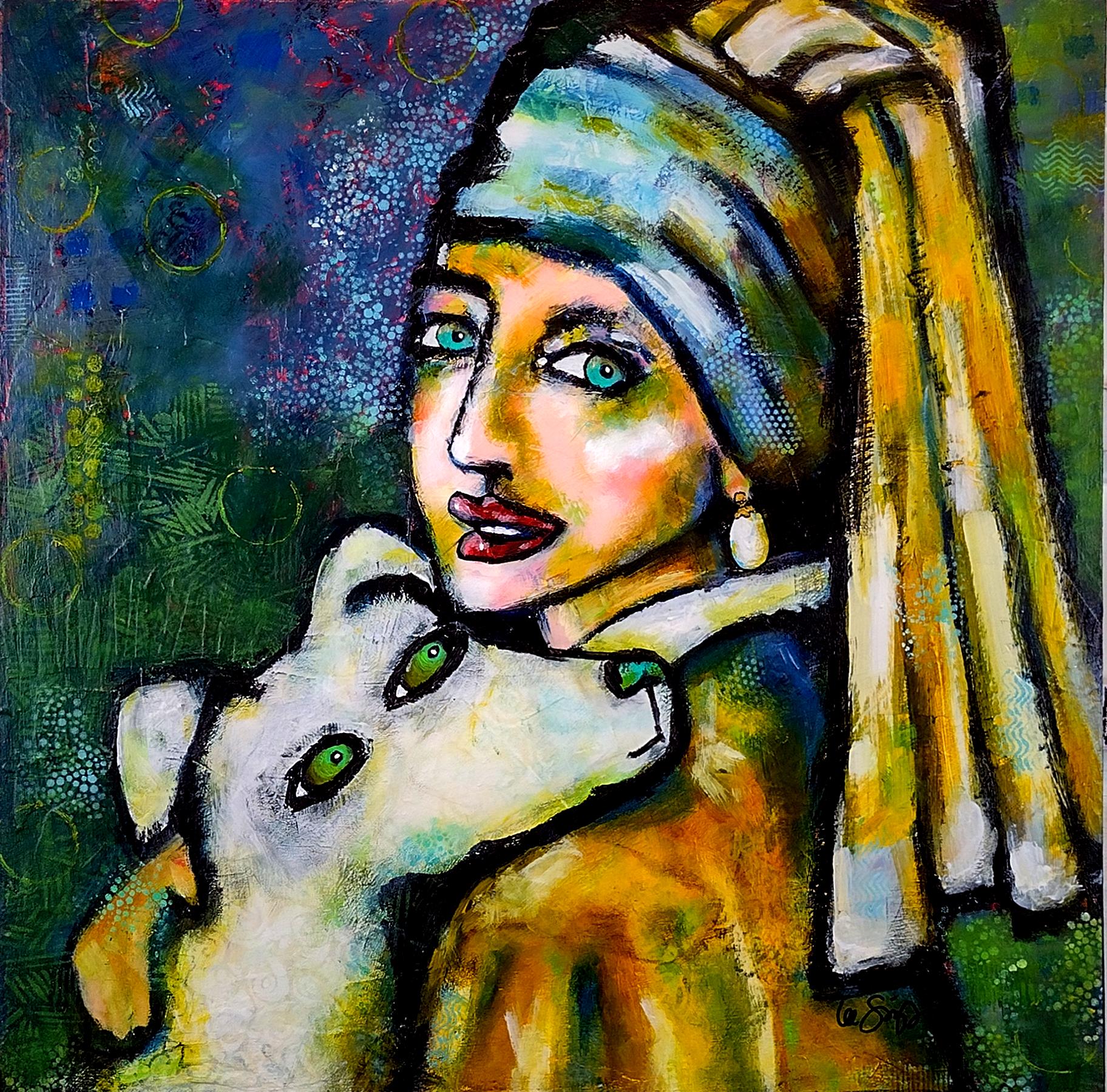 Girl With Pearl Earring and Her Dog, Original Painting - Mixed Media Art by Lee Smith