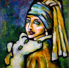 Girl With Pearl Earring and Her Dog, Original Painting