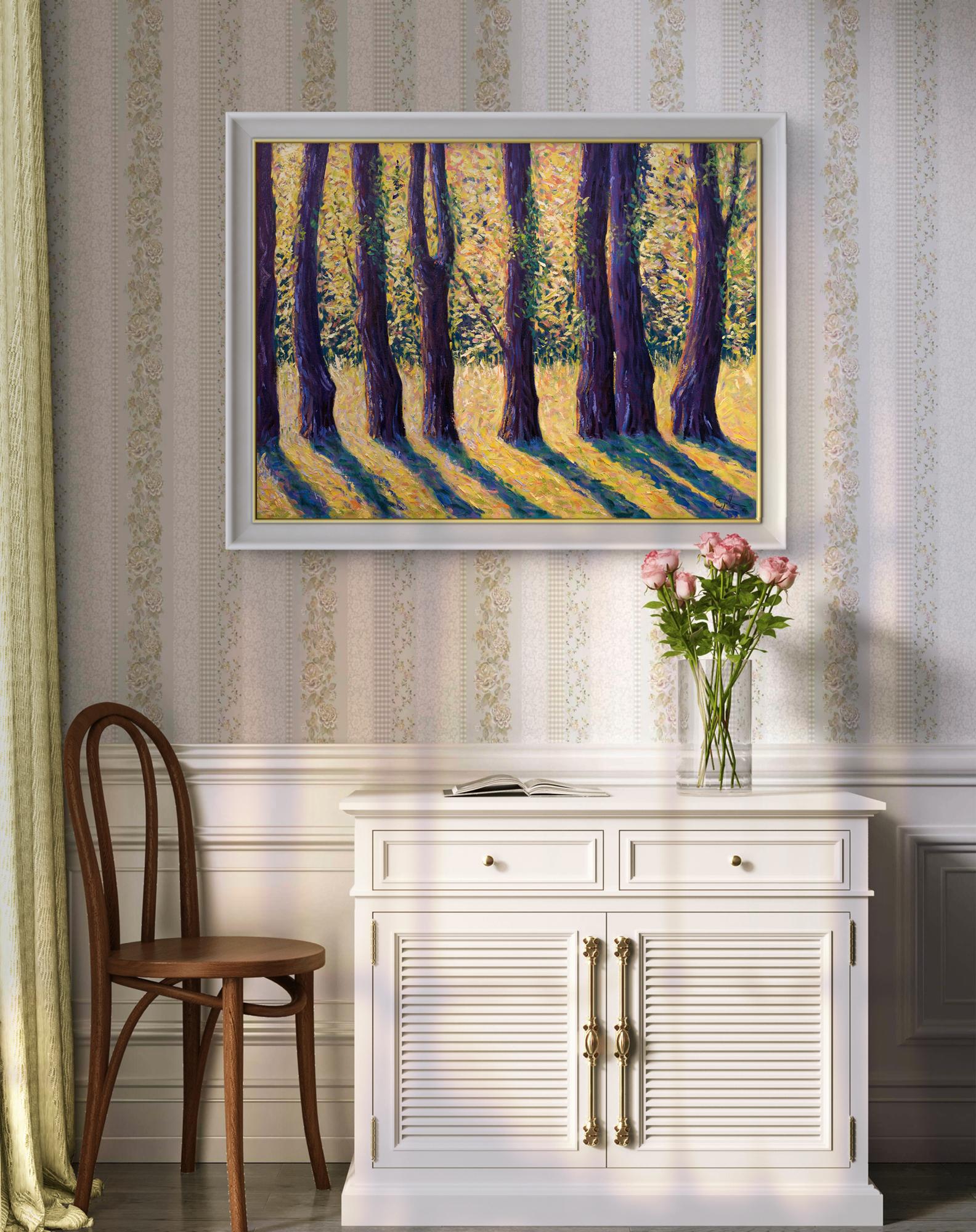 September sunlight, original painting, landscape, contemporary - Black Landscape Painting by Lee Tiller