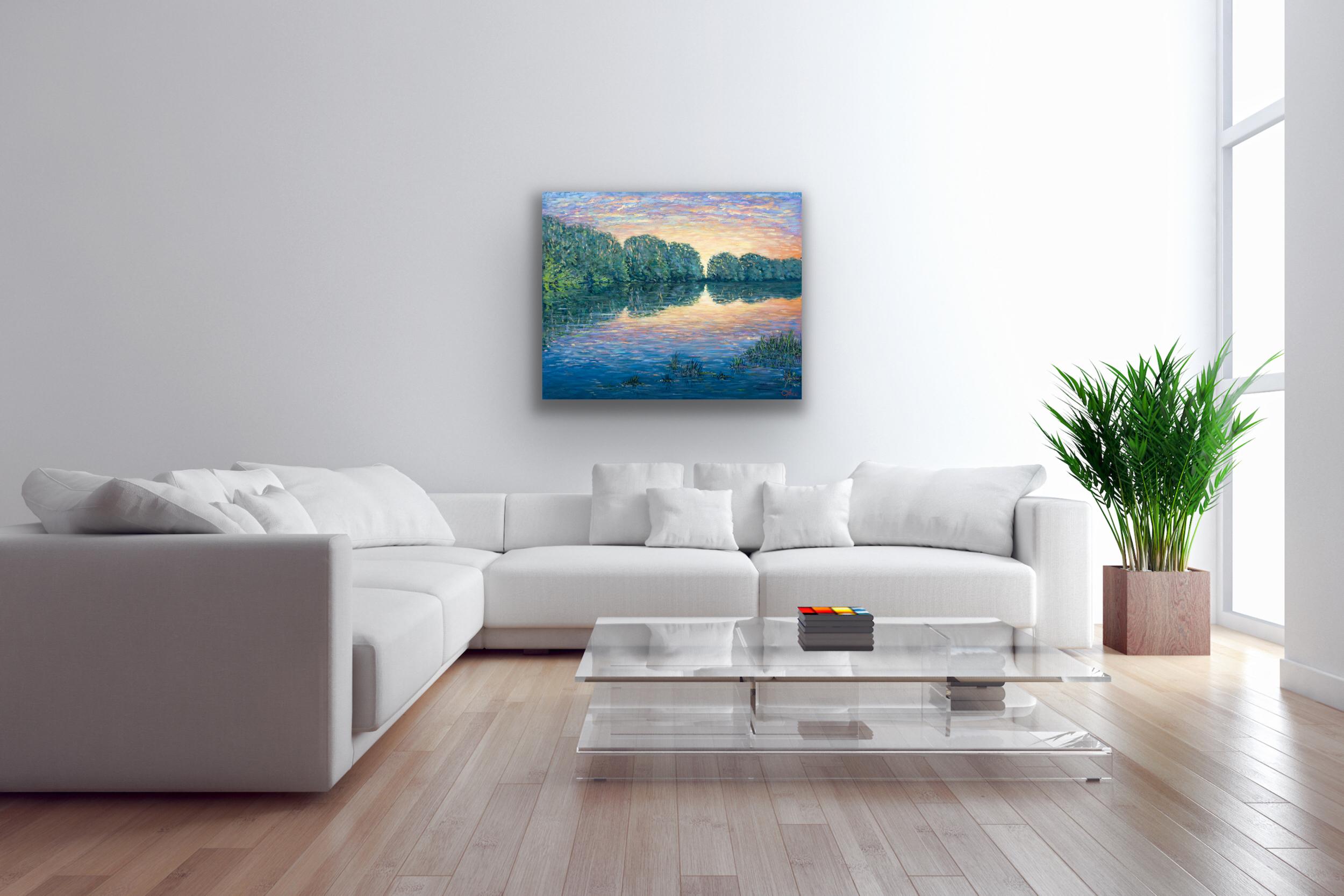 Pintura al óleo original, Paisaje impresionista de colores, Acabado soleado en venta 3