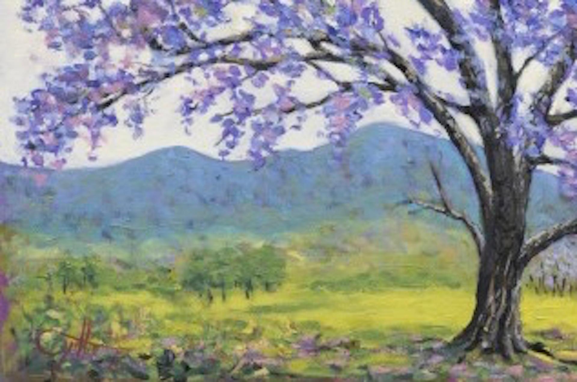 Poème d'arbre 23, Lee Tiller, peinture originale d'un paysage d'arbre à fleurs violettes en vente 1