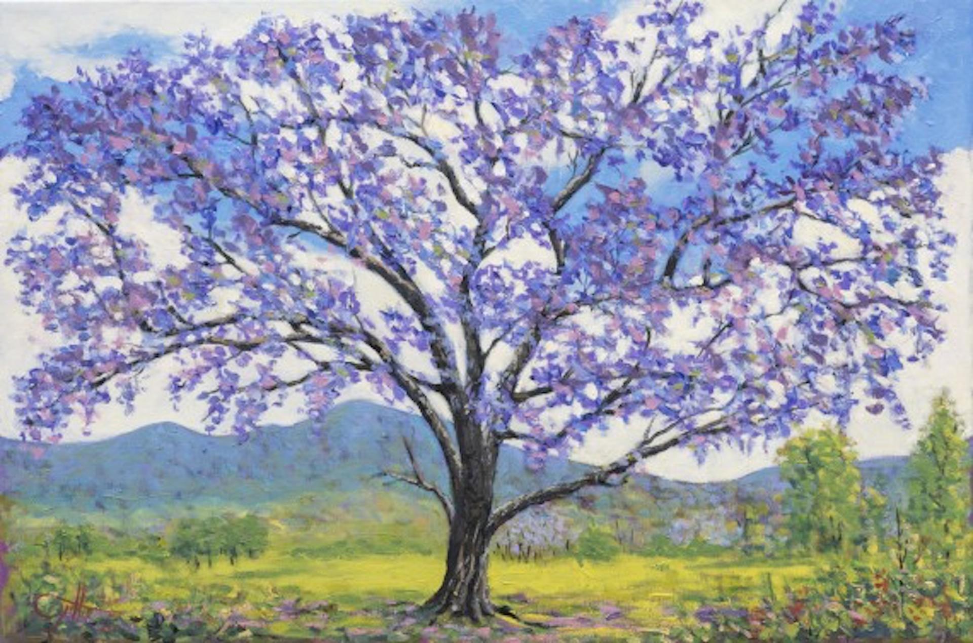 Baum Poem 23, Lee Tiller, Original lila Blumenbaum-Landschaftsgemälde