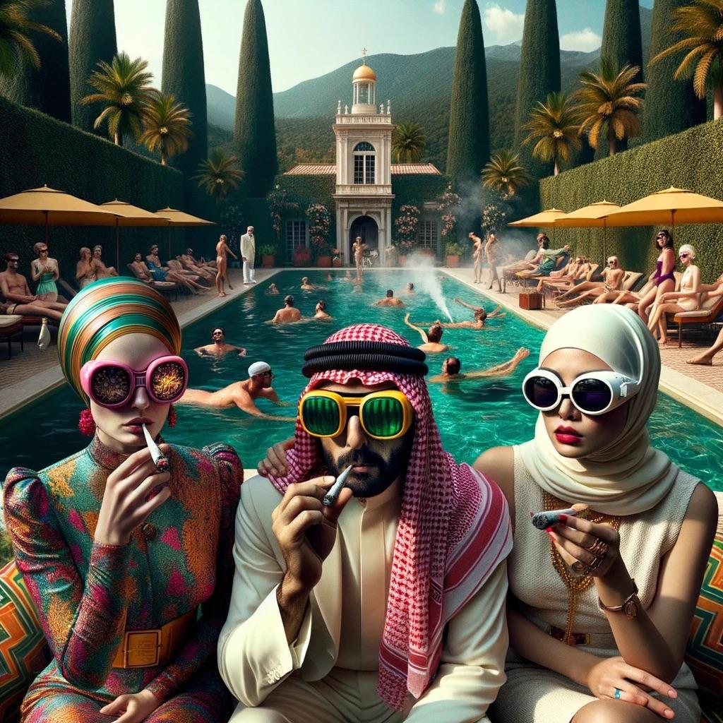 Lee Wells
End of the World Party #10
2023
Archival pigment print
Edition of 5

Caption: Celebratory Epilogue: In a breathtaking villa where elegance meets the extraordinary, Zahra, Abdullah, and Samira weave the final tapestry of tales. Adorned in