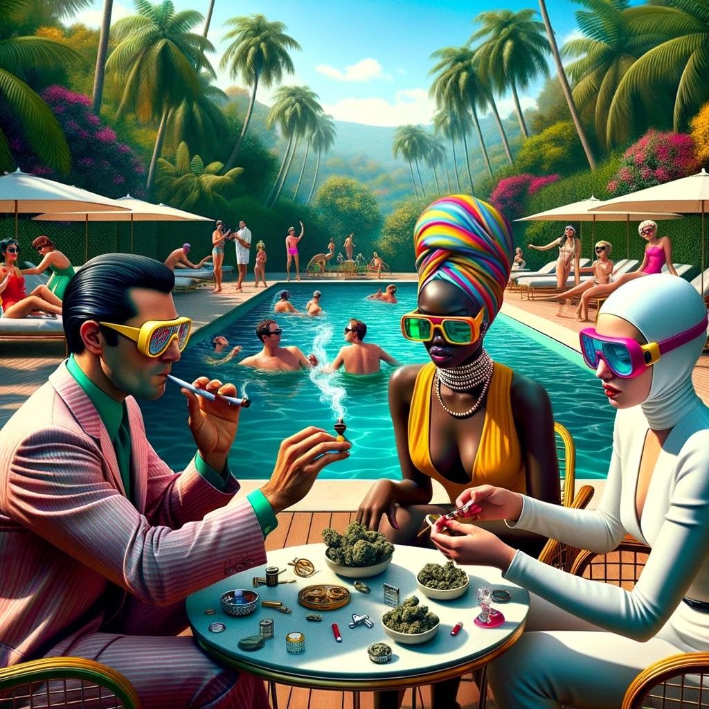 Lee Wells
End of the World Party #12
2023
Archival pigment print
150 x 150 cm
Edition of 1

Caption: Tropical Twilight: In a vibrant garden of earthly delights, Sir Edgy Eduardo, Zara the Zephyr, and Astral Annette make a symphony of style and