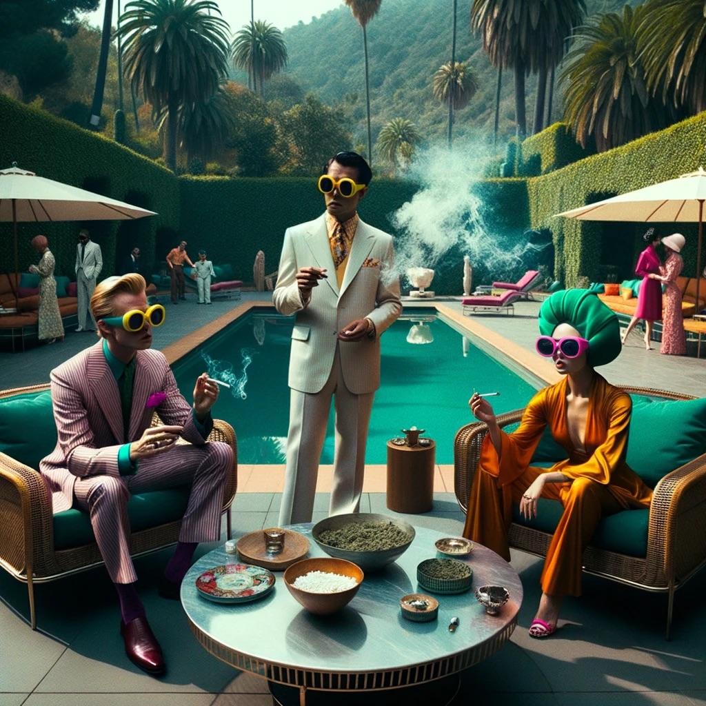Lee Wells
End of the World Party #6
2023
Archival pigment print
Edition of 5

Caption: Resplendent Reverie: In the embrace of a verdant utopia, distinguished figures—Theo the Trendsetter, Sir Raphael the Refined, and Madam Esmeralda the