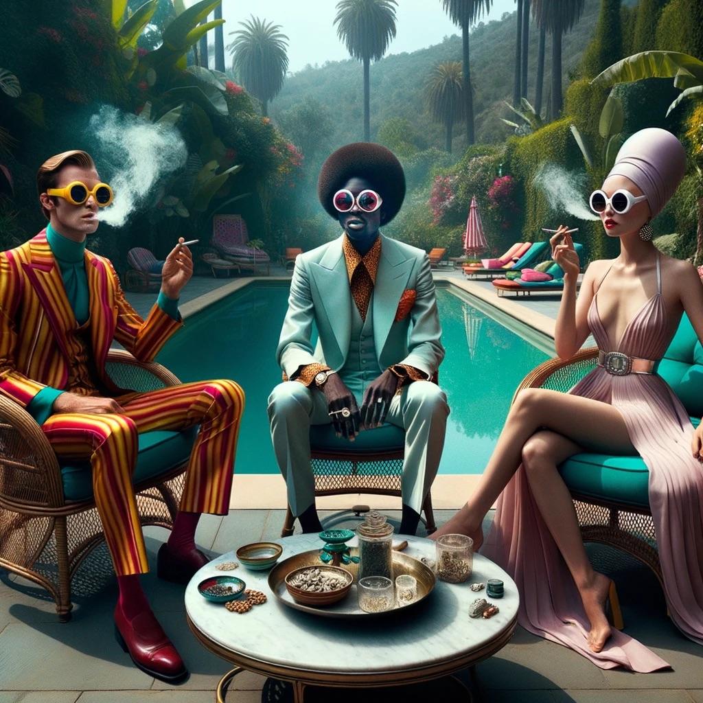 Lee Wells
End of the World Party #3
2023
Archival pigment print
Edition of 1
Signed, dated and editioned on verso

Caption: Apocalyptic Elegance: In this lush, ethereal garden, Sebastian the Sophisticate, Lord Livingston the Luminous, and Lady