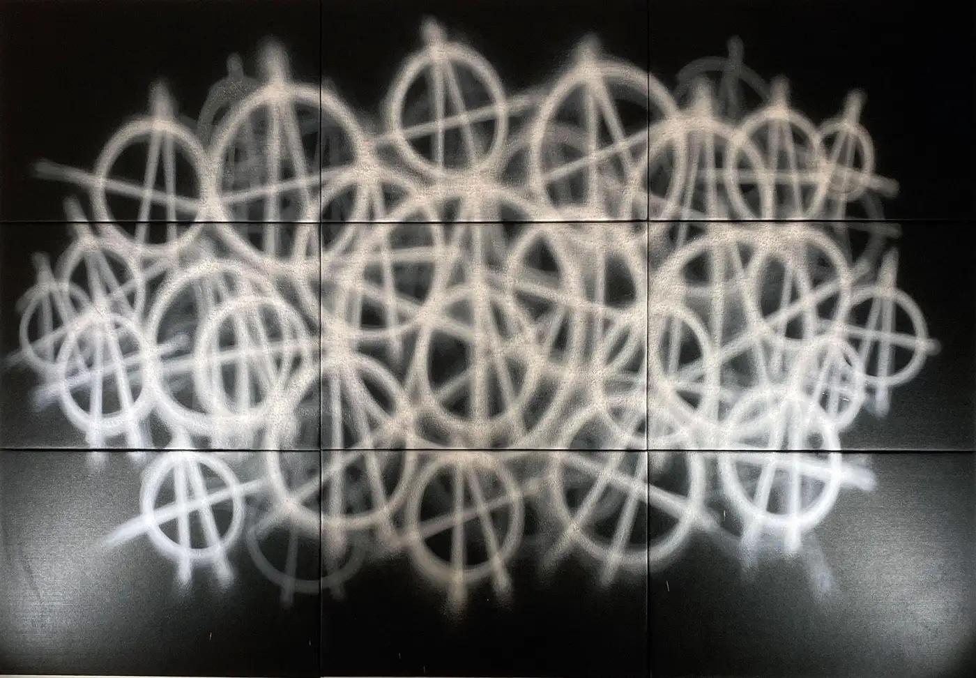 The Fifth Element (Black Cloud), February 2020 
Acrylic spray paint on fireproof theatrical felt and lighting 
72 x 108 inches (9 panels each 24 x 36