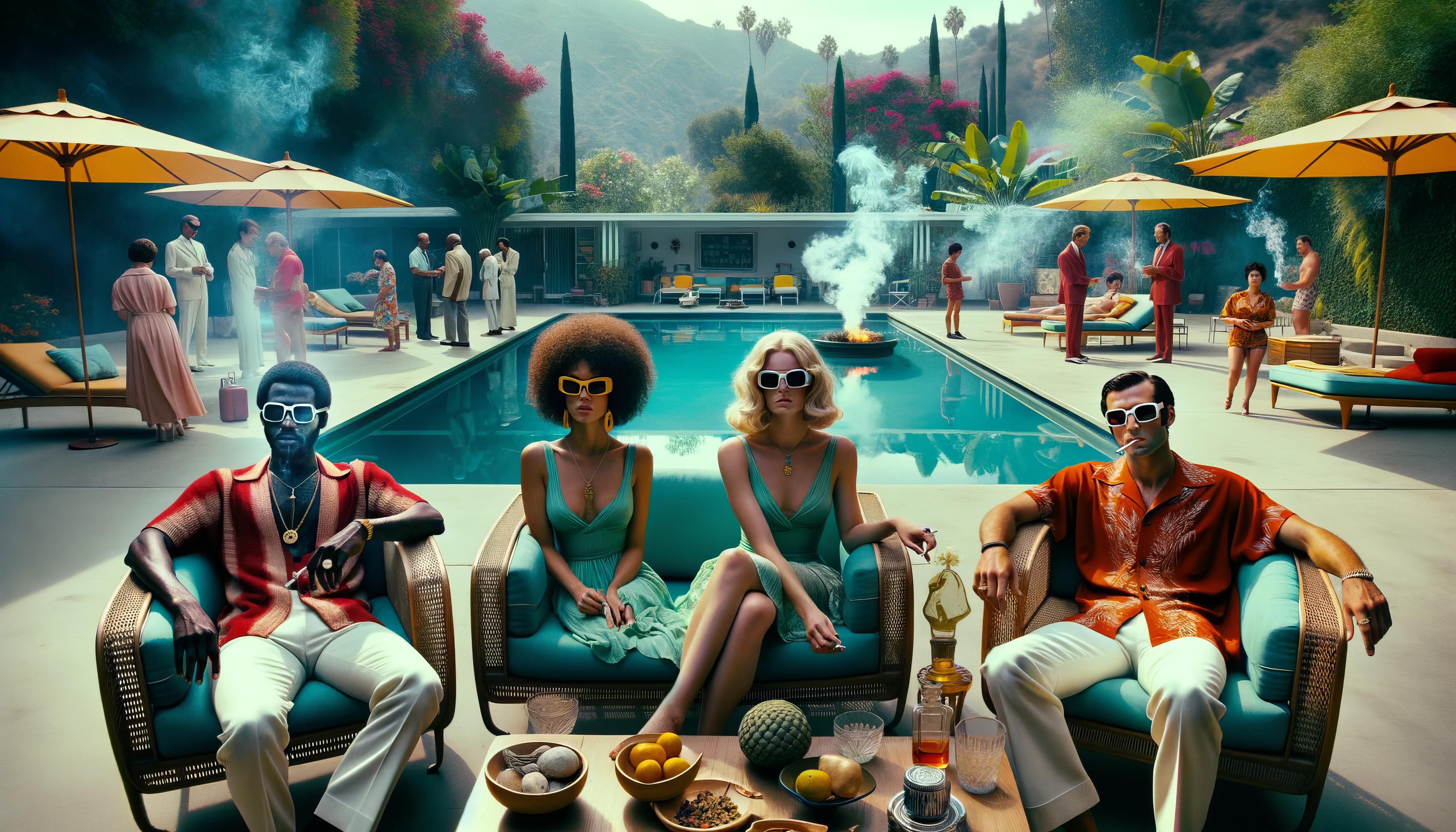 Lee Wells
Last Lounge Legacy (EOW L17)
End of the World Party Series
2023
Archival pigment print
Edition of 5
Signed, dated and numbered by the artist

Caption: "Last Lounge Legacy: The 'Calm Countdown Collective' is all poise and cool at this LA
