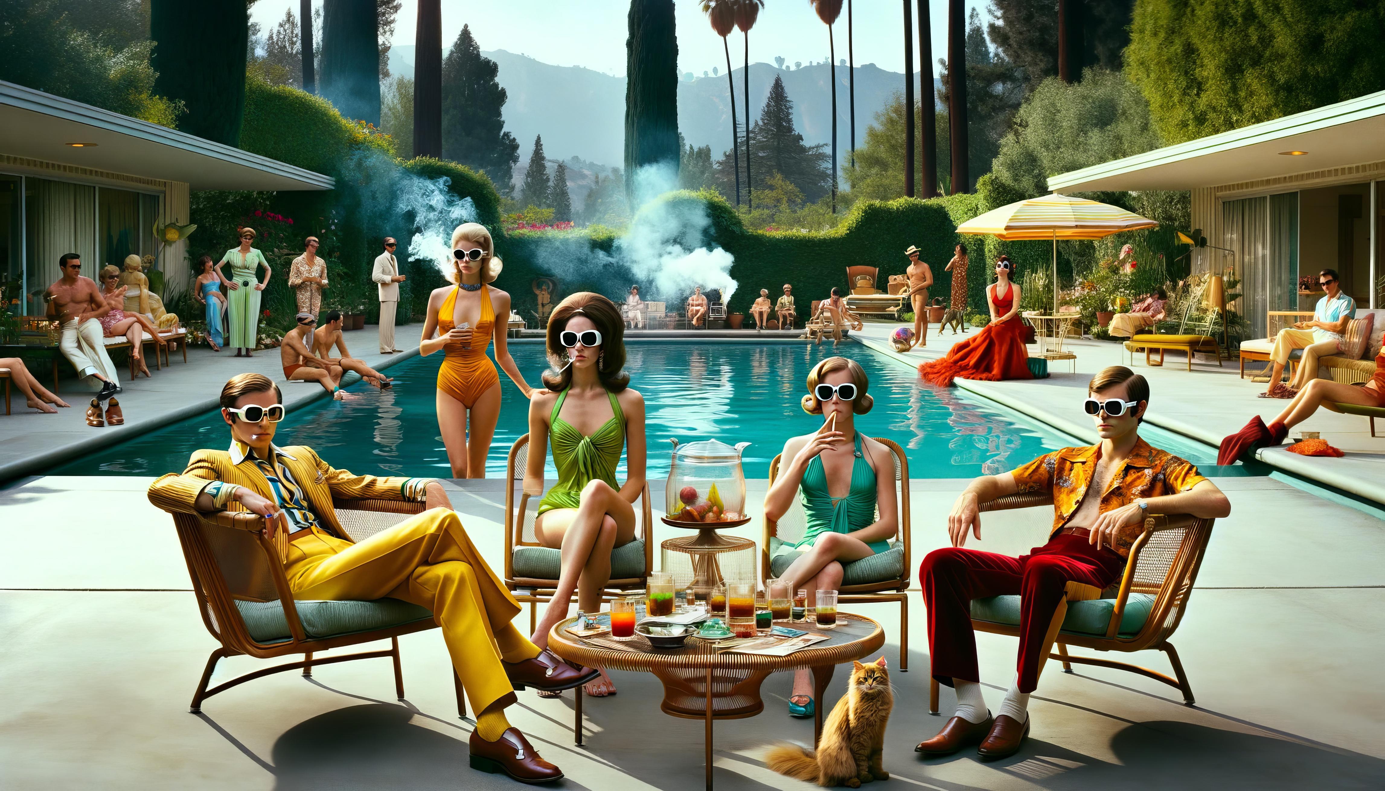 Lee Wells
Poolside Prophets (EOW L24)
End of the World Party Series
2023
Archival pigment print
Edition of 1
Signed, dated and numbered by the artist

Caption: Poolside Prophets: The 'Sunshine Syndicate' lounges in lavish style Amidst the grandeur
