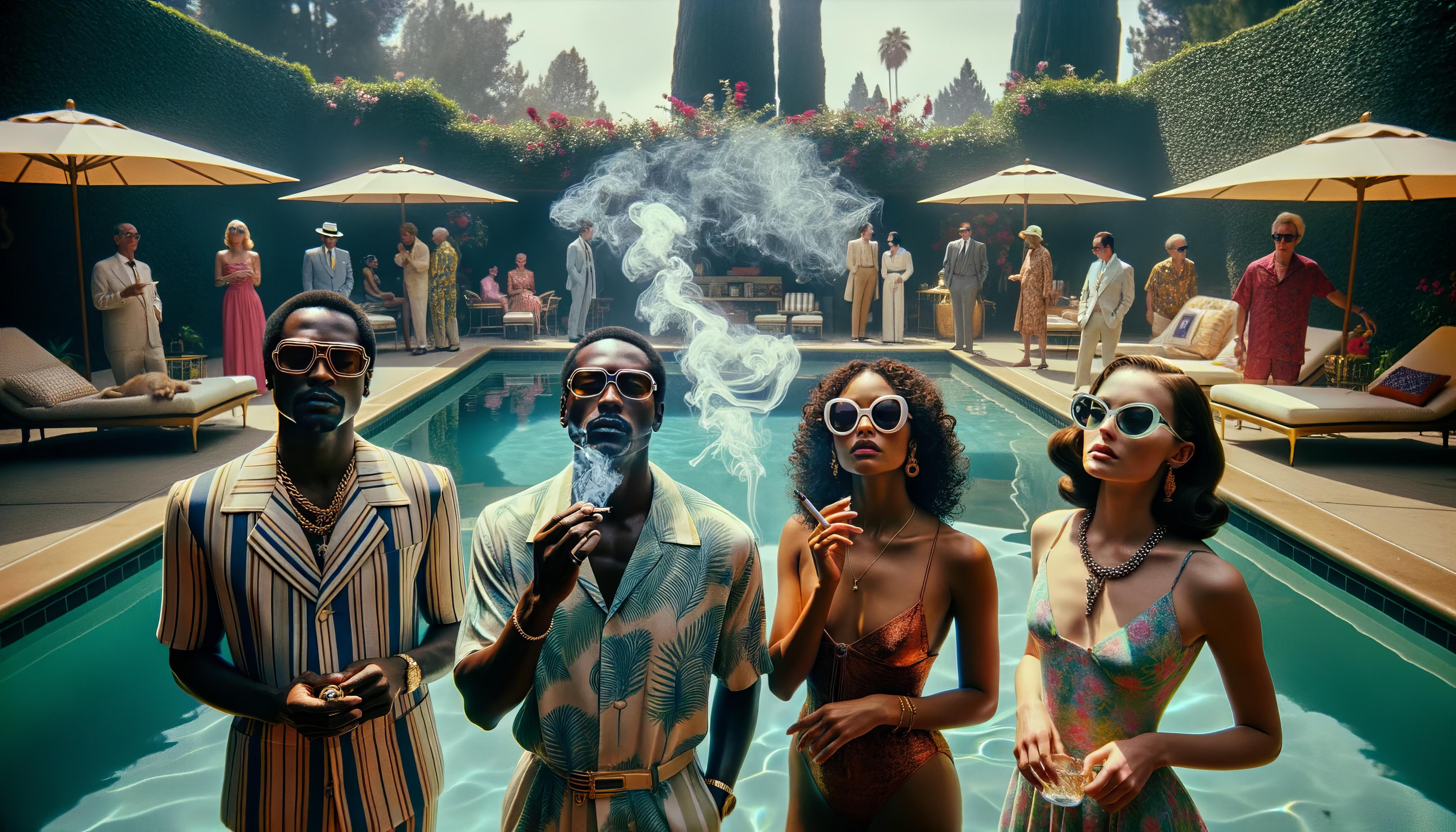 Lee Wells
Swan Song Soirée (EOW L15)
End of the World Party Series
2023
Archival pigment print
Edition of 1
Signed, dated and numbered by the artist

Caption: Swan Song Soirée: In a sun-drenched corner of Los Angeles, 'Dapper Dante,' 'Vivacious