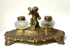 Lee & Wigfull Sheffield Silver Brass Desk Inkwell with Cherub