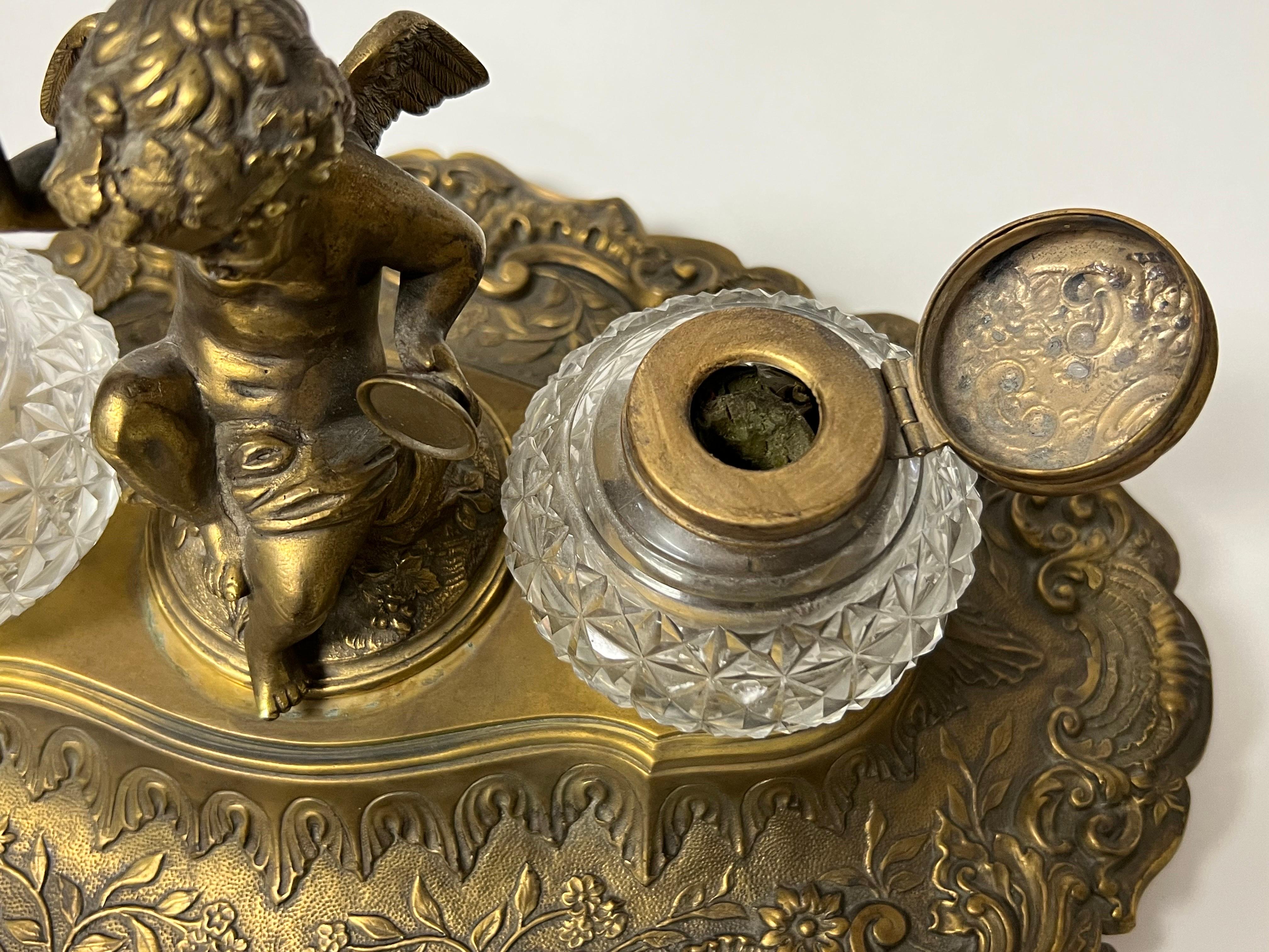 Late 19th Century Lee & Wigfull Sheffield Silver Brass Desk Inkwell with Cherub
