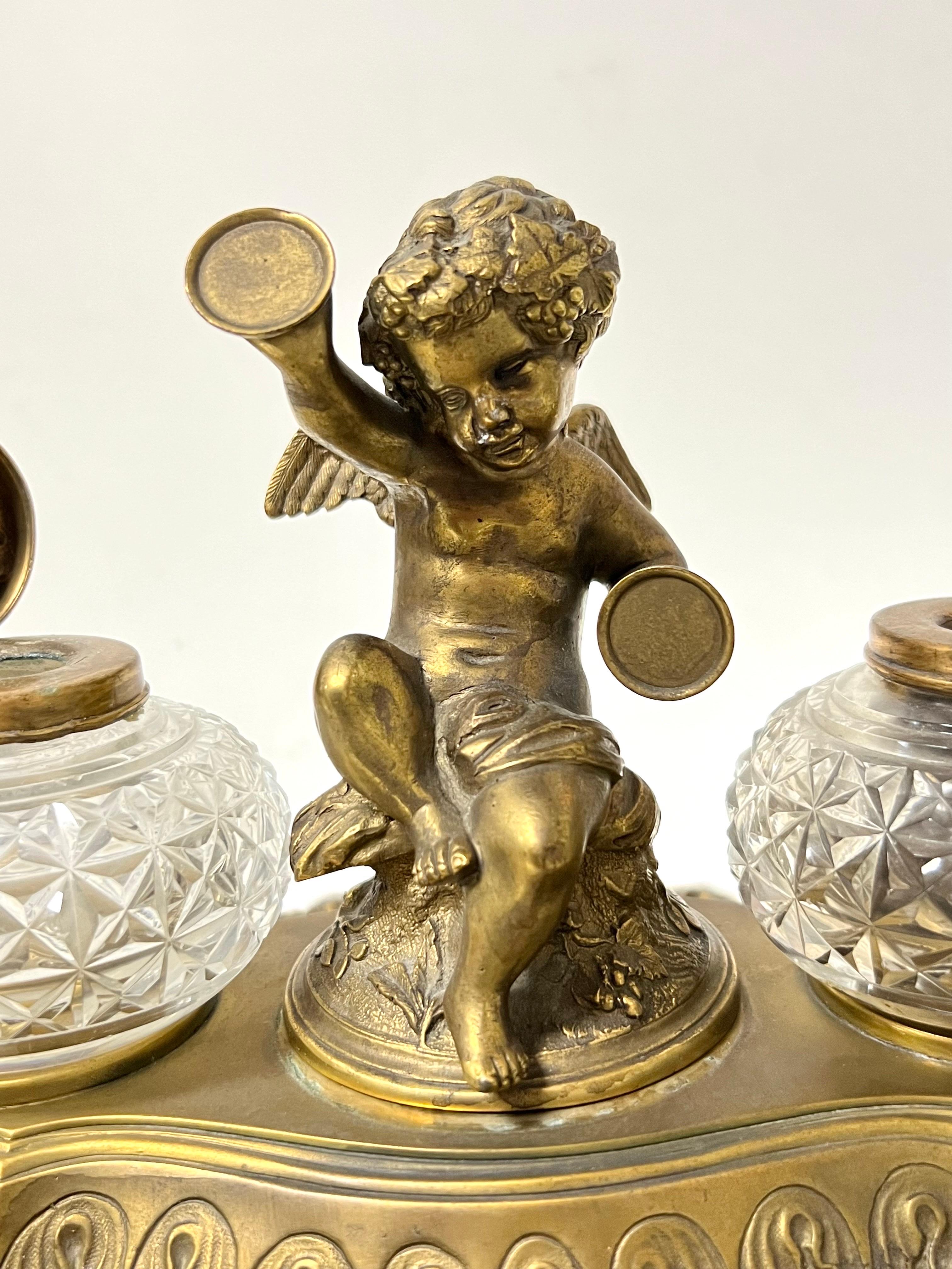 Lee & Wigfull Sheffield Silver Brass Desk Inkwell with Cherub 2