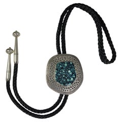 Lee Yazzie Navajo Turquoise Leather and Sterling Silver Bolo 1981