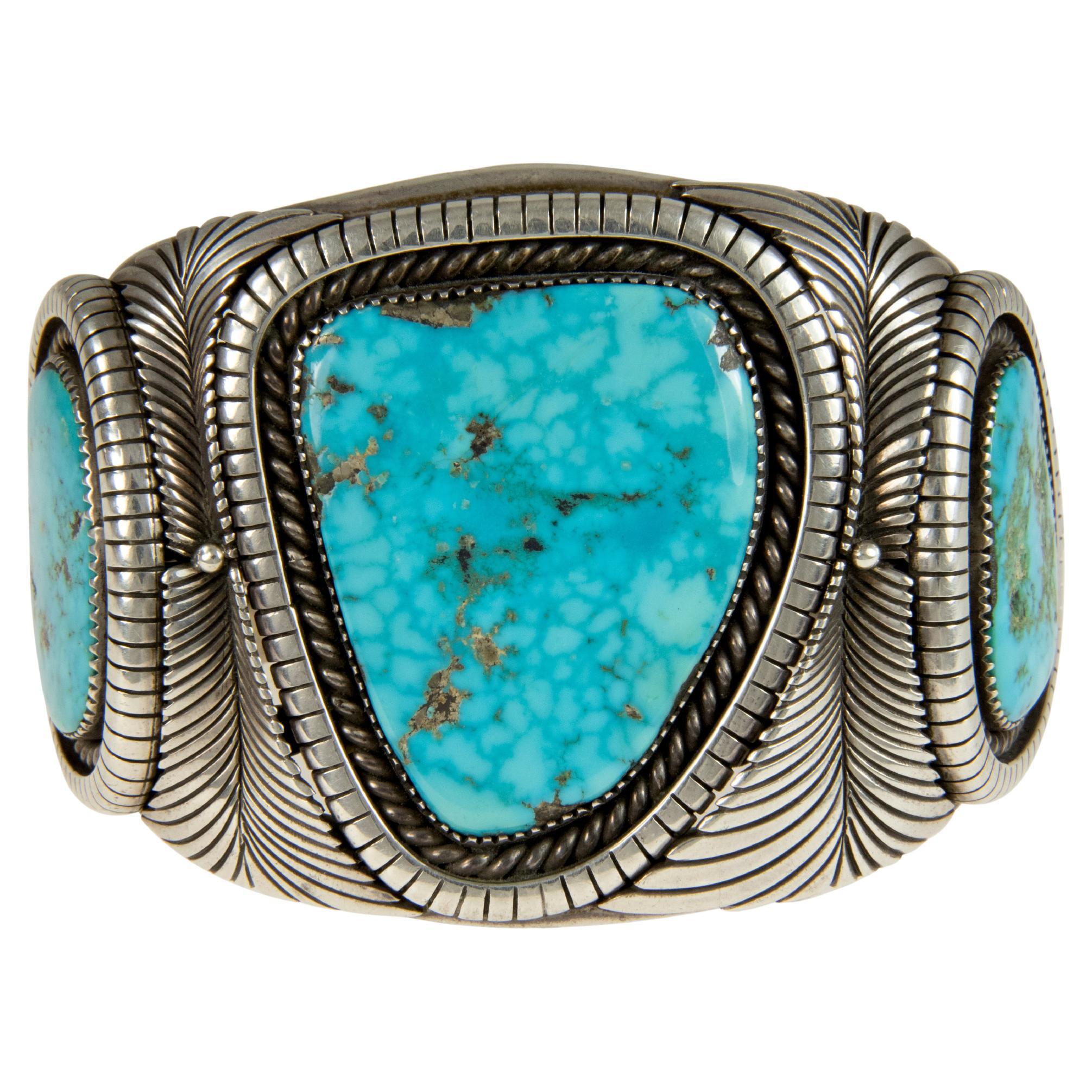 Lee Yazzie Navajo Morenci Turquoise and Sterling Silver Cuff circa 1975