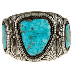 Lee Yazzie Navajo Morenci Turquoise and Sterling Silver Cuff circa 1975