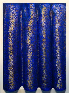 Parrhasius Blossom No. 64 Trompe l'Oeil Blauer Vorhang Textilgemälde 24 x 18