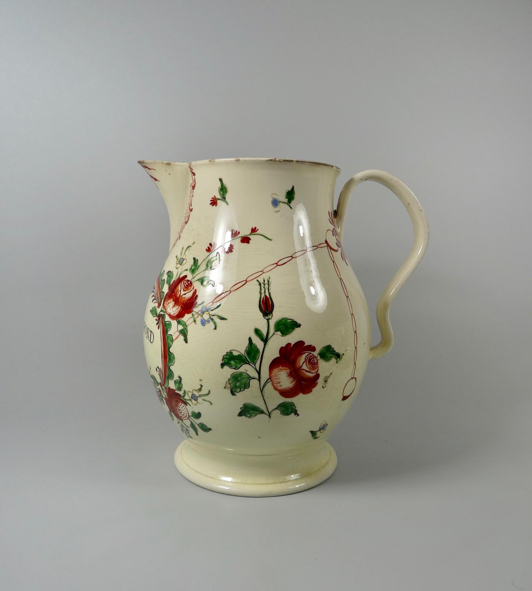English Leeds creamware jug, John Pickford, 1773.