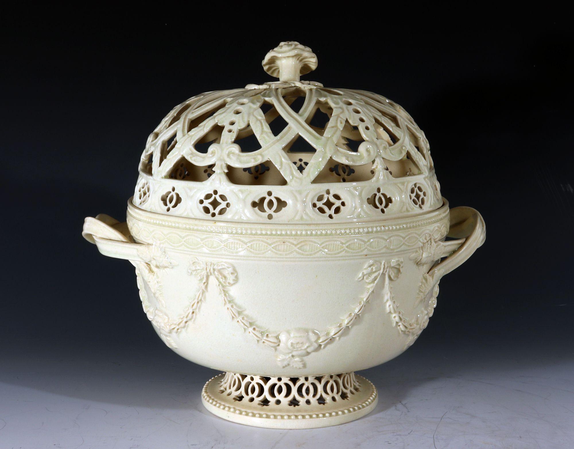 Georgian Leeds Creamware Pottery Covered Chestnut Basket and Cover