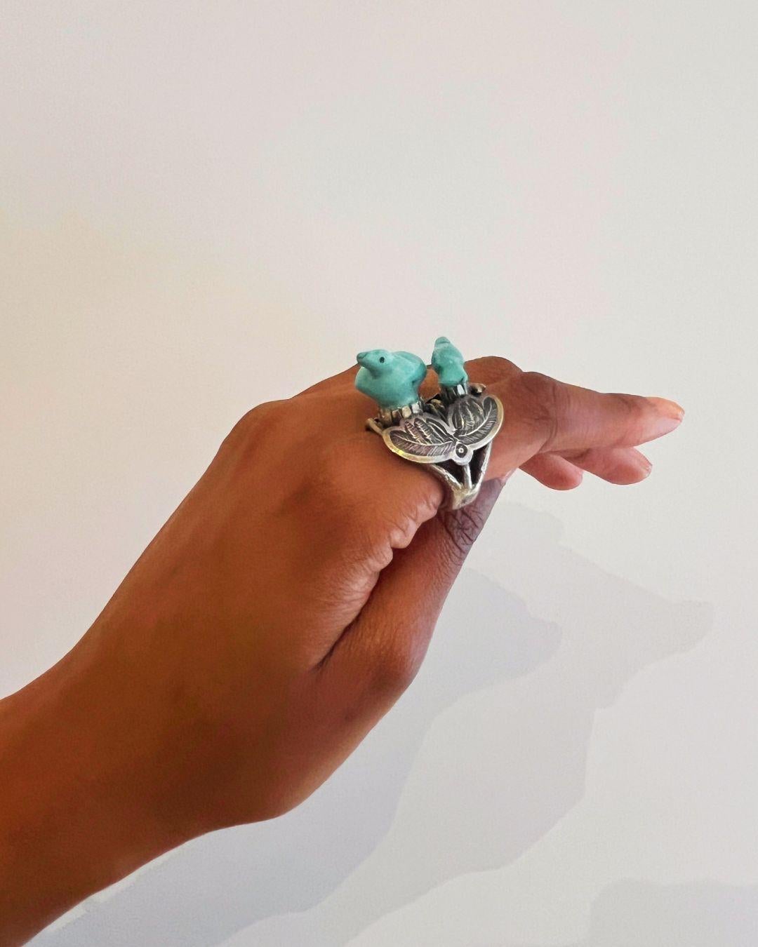 Mixed Cut Leekya Deyuse  Carved Turquoise Birds and Silver Ring circa 1940