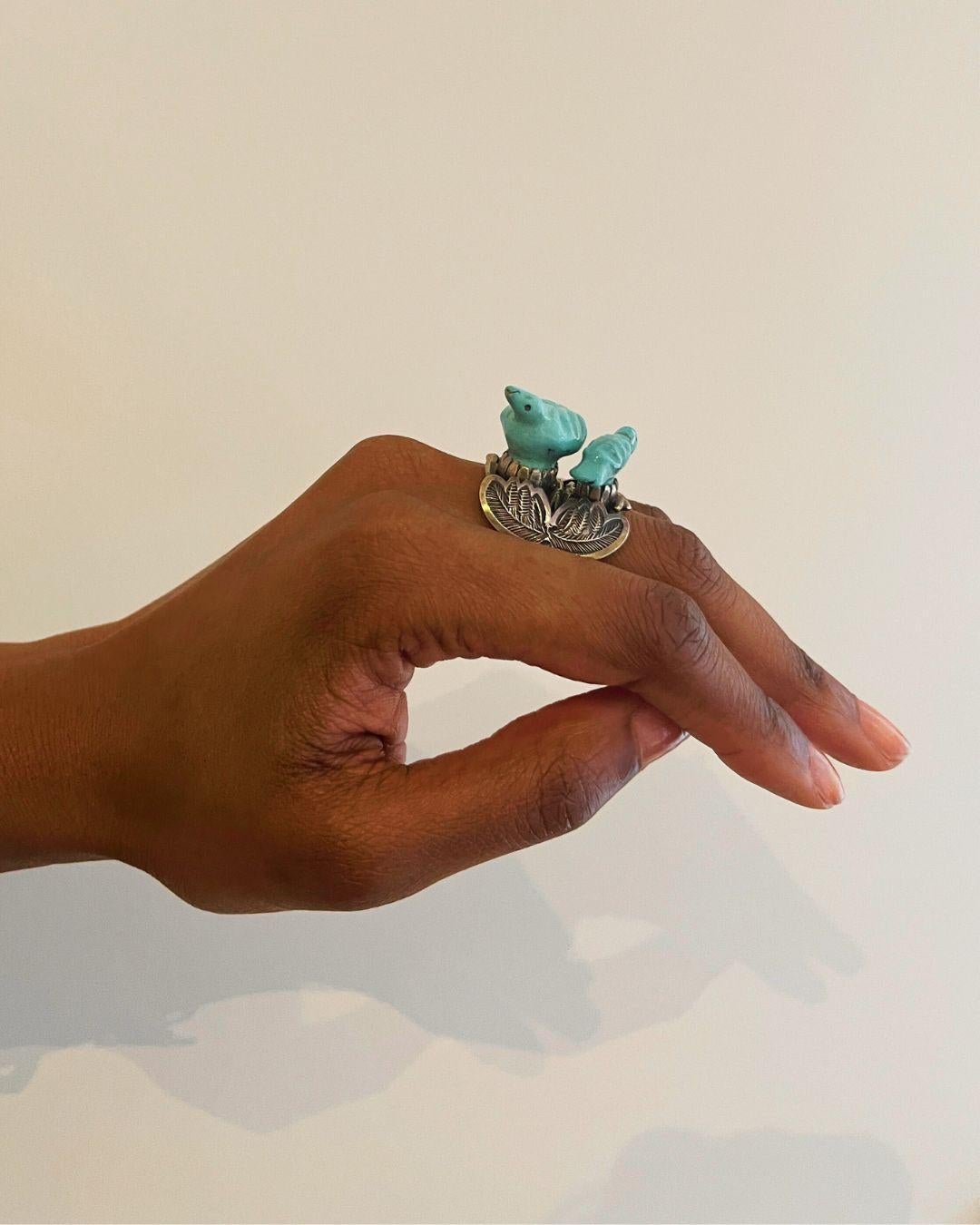 Leekya Deyuse  Carved Turquoise Birds and Silver Ring circa 1940 In Excellent Condition In New York, NY