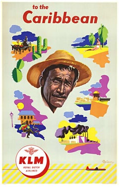 Affiche de voyage originale de KLM aux Caraïbes vintage du milieu du siècle dernier