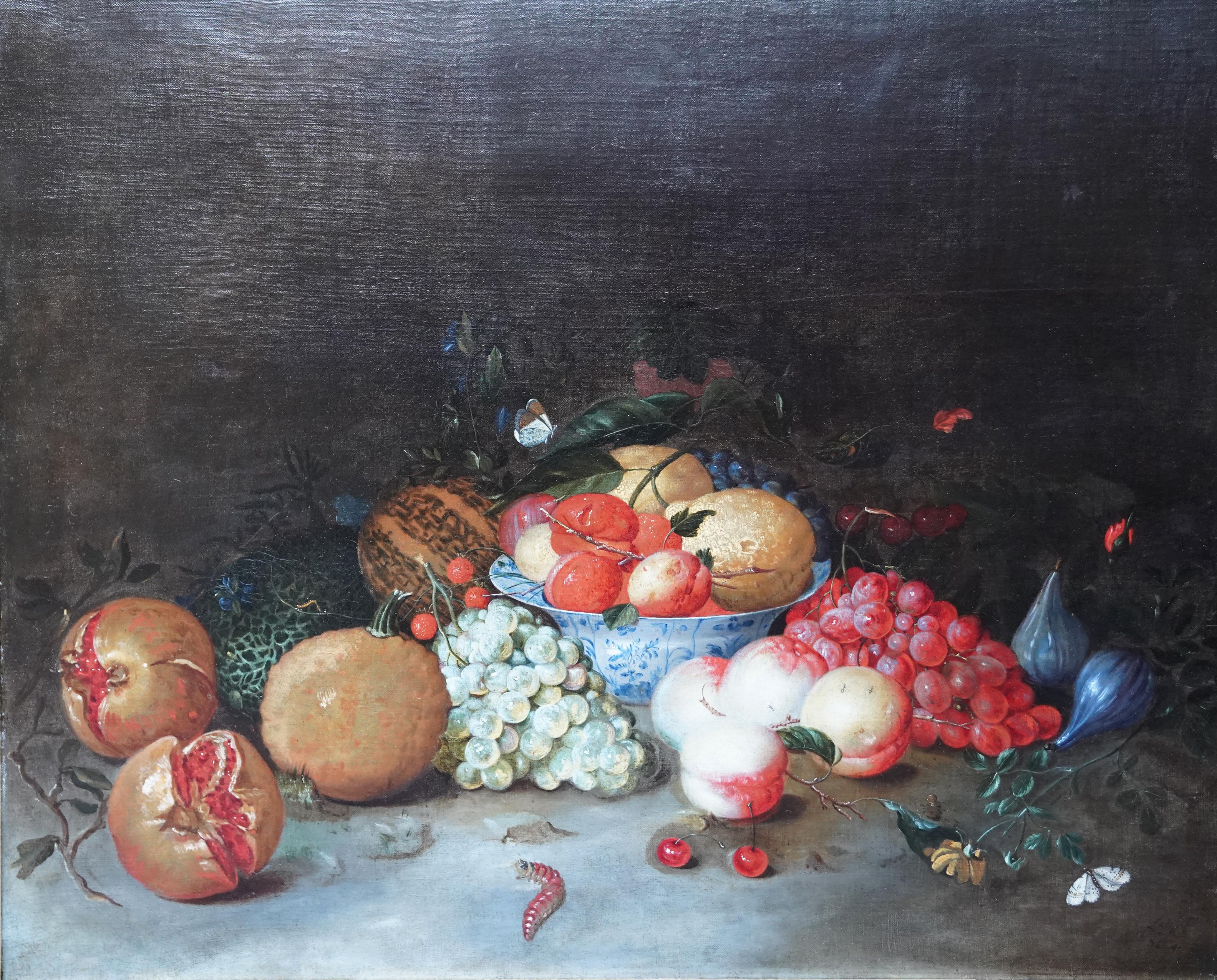 Stillleben- Arrangement – niederländisches Ölgemälde eines alten Meisters aus dem 17. Jahrhundert mit Obstschmetterling im Angebot 8