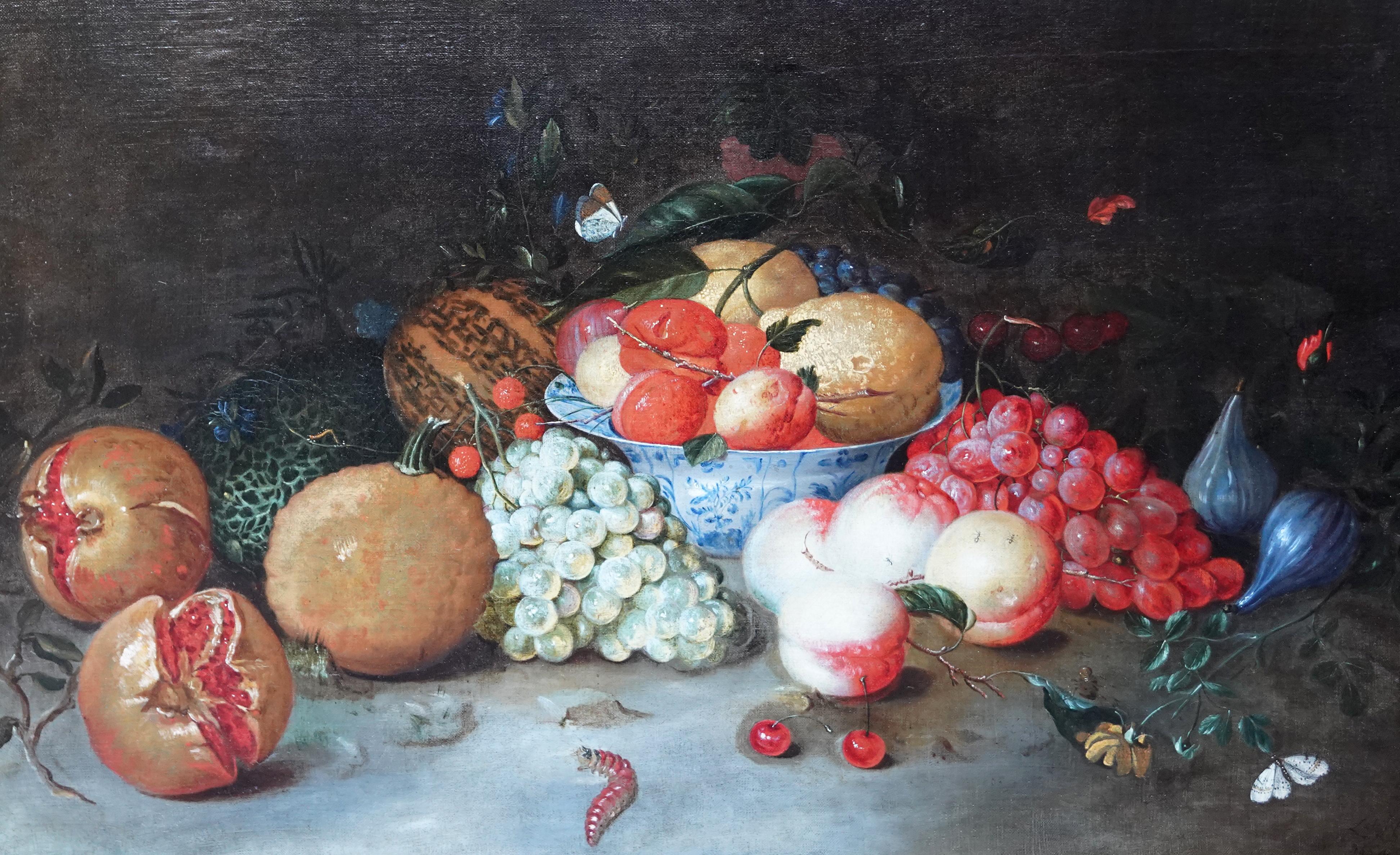 Stillleben- Arrangement – niederländisches Ölgemälde eines alten Meisters aus dem 17. Jahrhundert mit Obstschmetterling (Alte Meister), Painting, von Leendert de Laeff