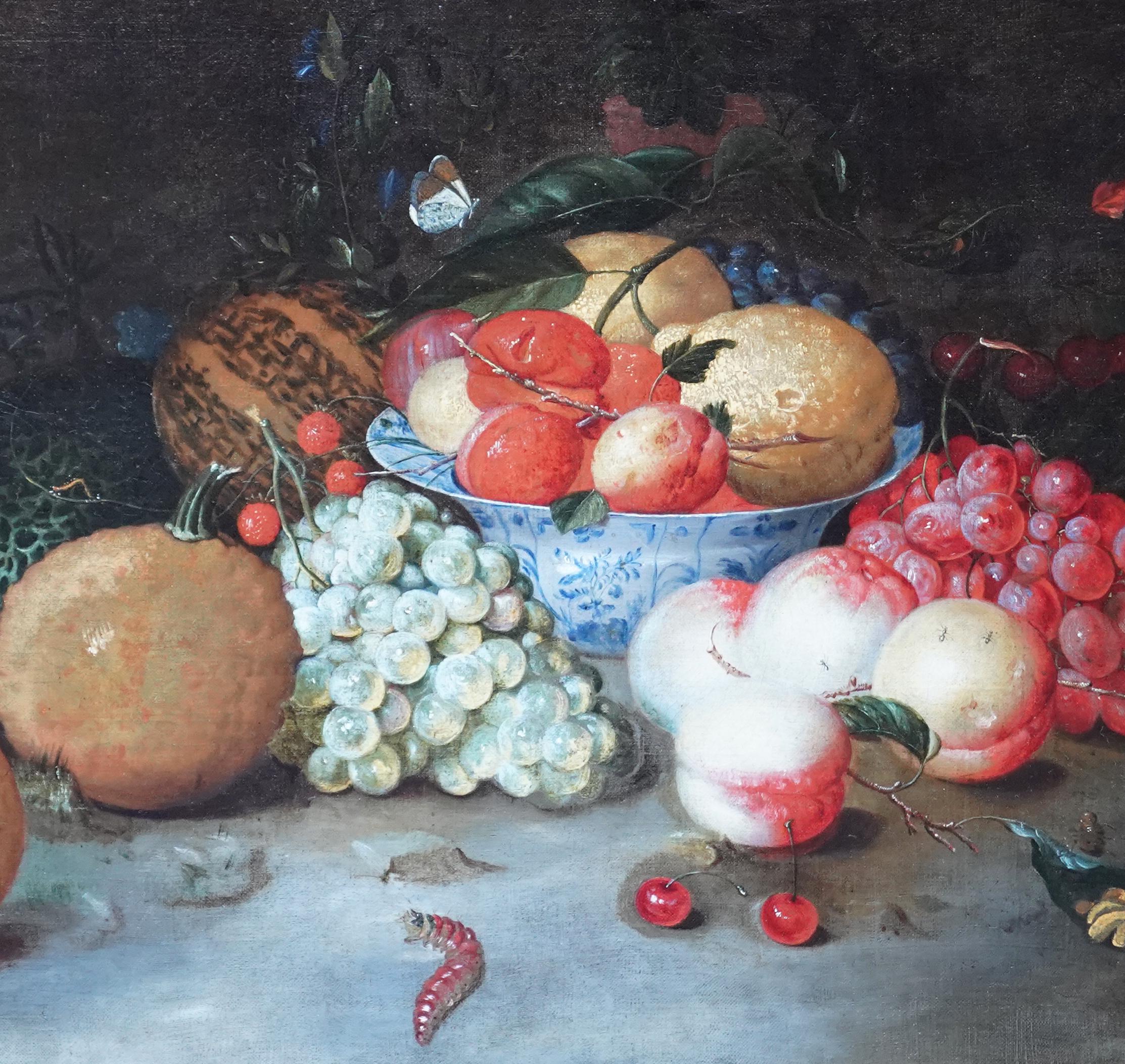 Stillleben- Arrangement – niederländisches Ölgemälde eines alten Meisters aus dem 17. Jahrhundert mit Obstschmetterling im Angebot 1