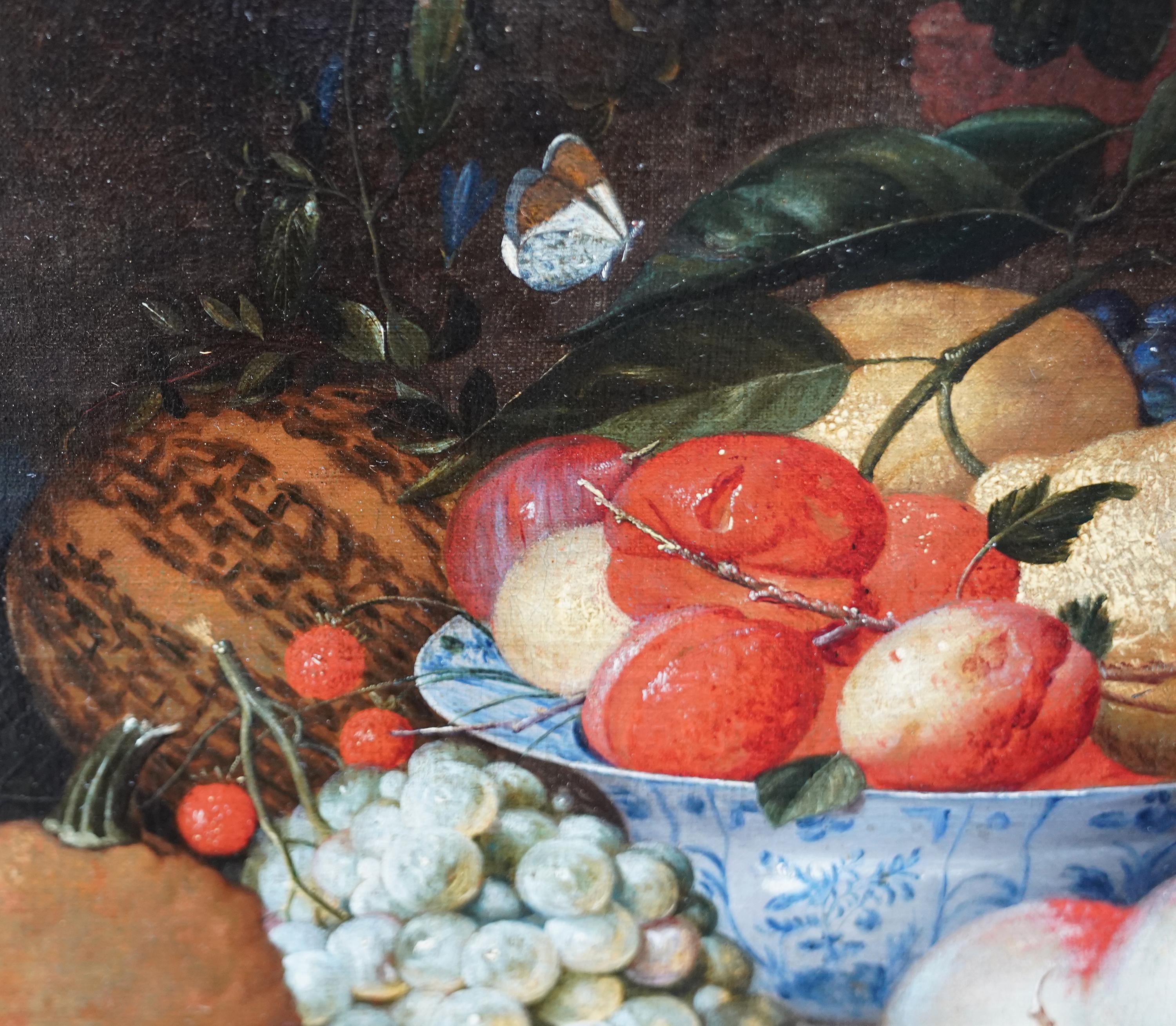 Stillleben- Arrangement – niederländisches Ölgemälde eines alten Meisters aus dem 17. Jahrhundert mit Obstschmetterling im Angebot 2