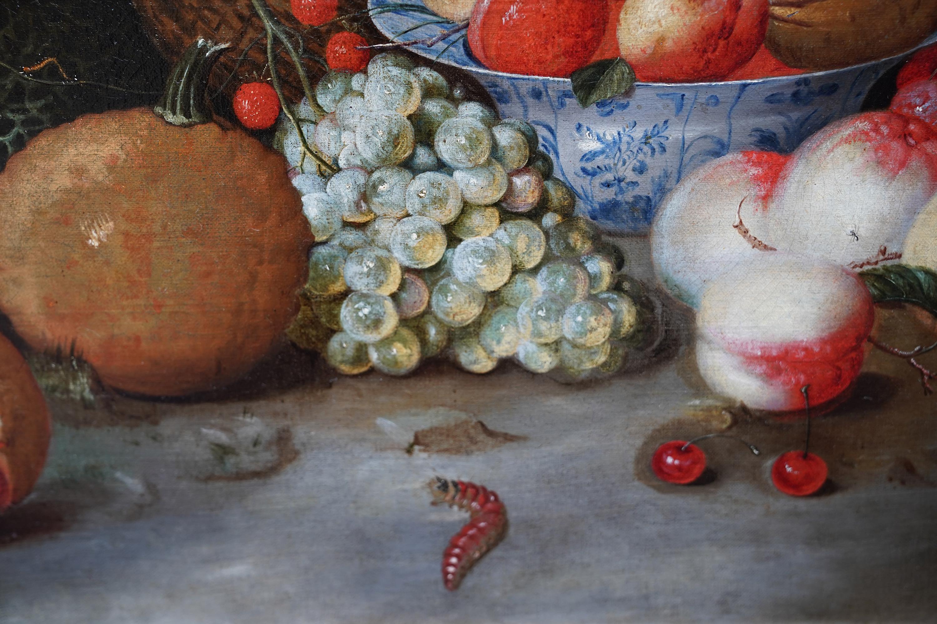 Stillleben- Arrangement – niederländisches Ölgemälde eines alten Meisters aus dem 17. Jahrhundert mit Obstschmetterling im Angebot 3
