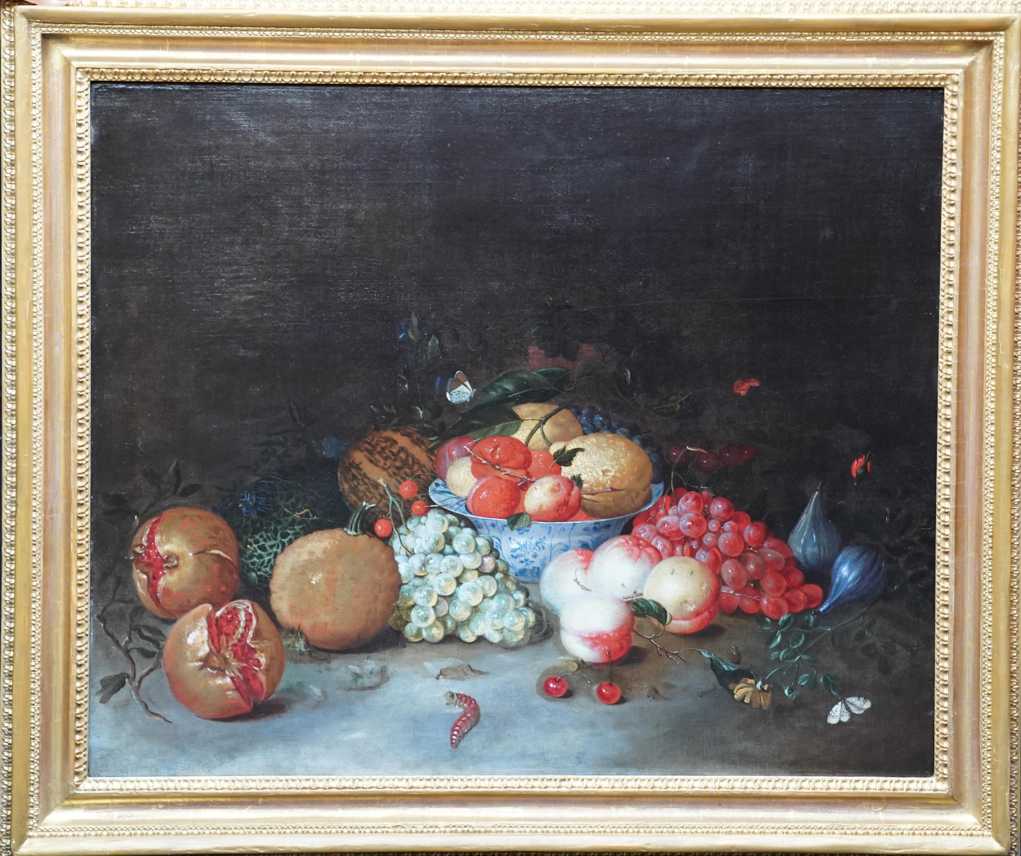 Leendert de Laeff Still-Life Painting – Stillleben- Arrangement – niederländisches Ölgemälde eines alten Meisters aus dem 17. Jahrhundert mit Obstschmetterling