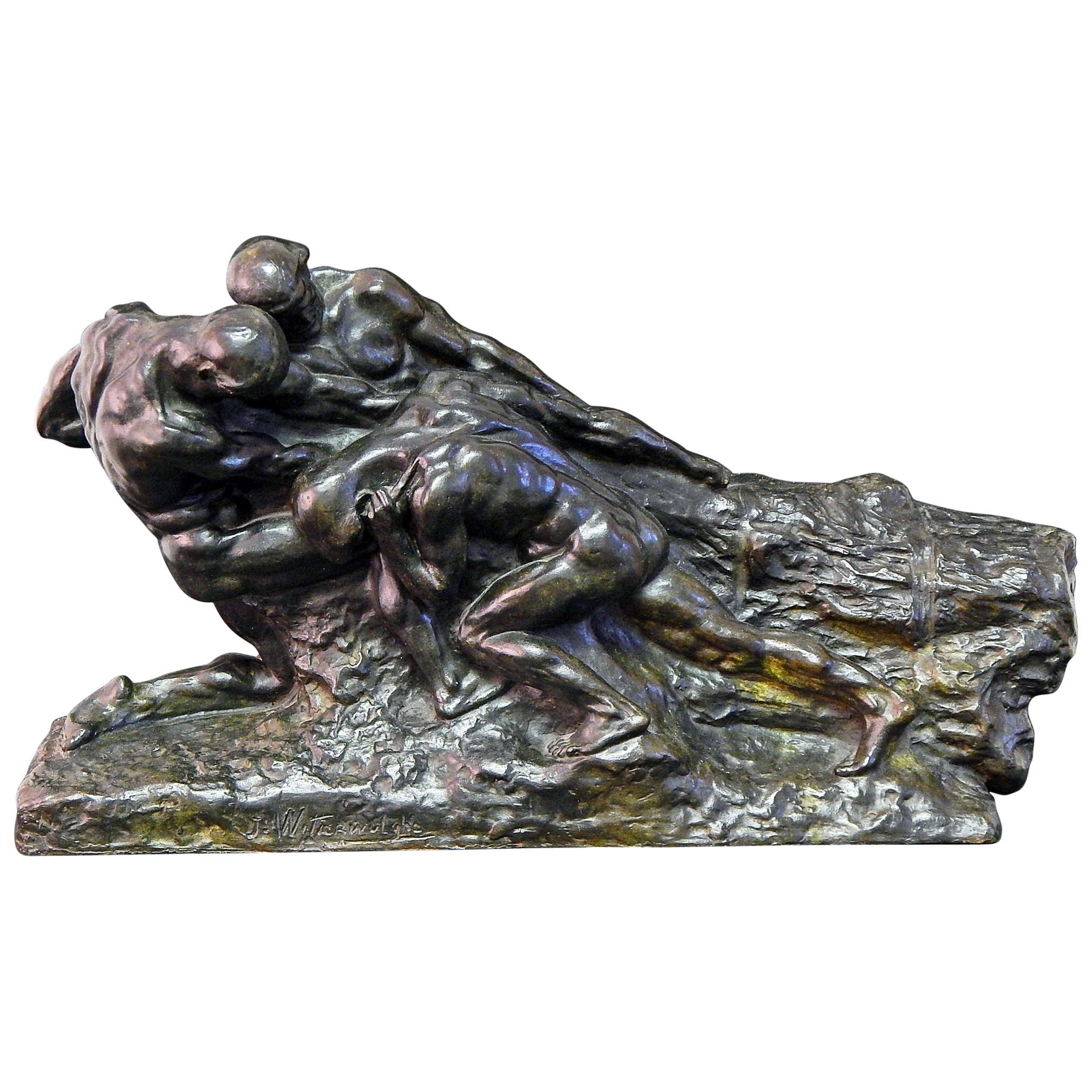 L'Effort, grand bronze Art Déco avec des hommes nus en couple en vente