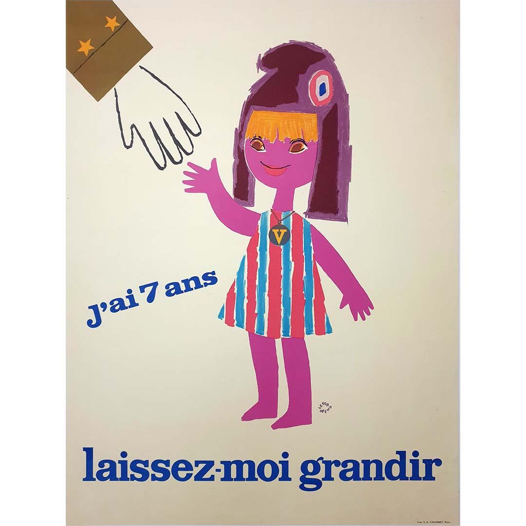 The 1965 original political poster by Lefor Openo titled J'ai 7 ans, laissez-moi grandir is a poignant and evocative call for peace and humanity. Created during a time of global unrest, this poster became a symbol of the anti-war sentiment and