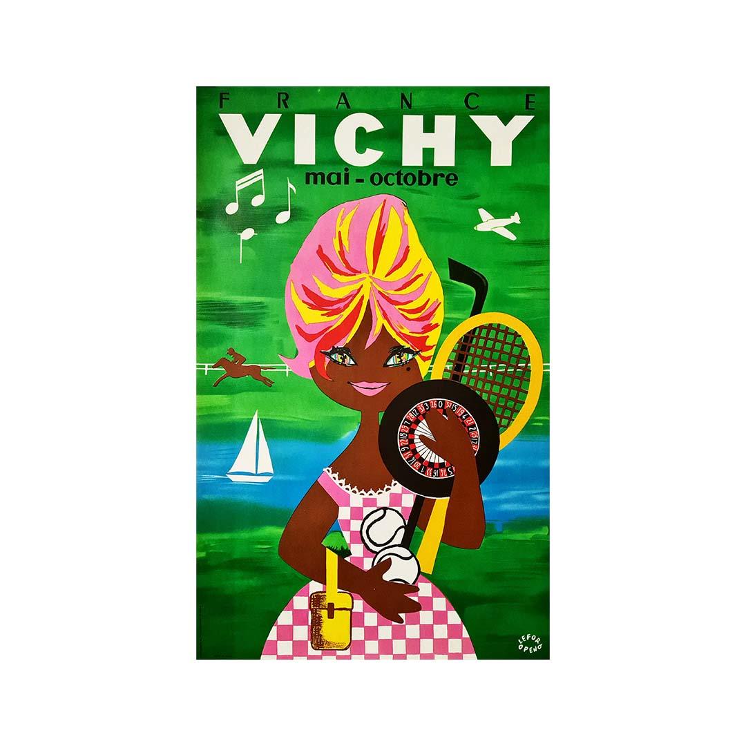 Ein Plakat, das von Lefor Openo (Marie Claire Lefort & Marie Oppeneau) um 1960 zur Förderung des Tourismus in der Region Vichy erstellt wurde.
Auf diesem Plakat sind die wichtigsten Touristenattraktionen abgebildet.

Vichy ist eine schöne Stadt,
