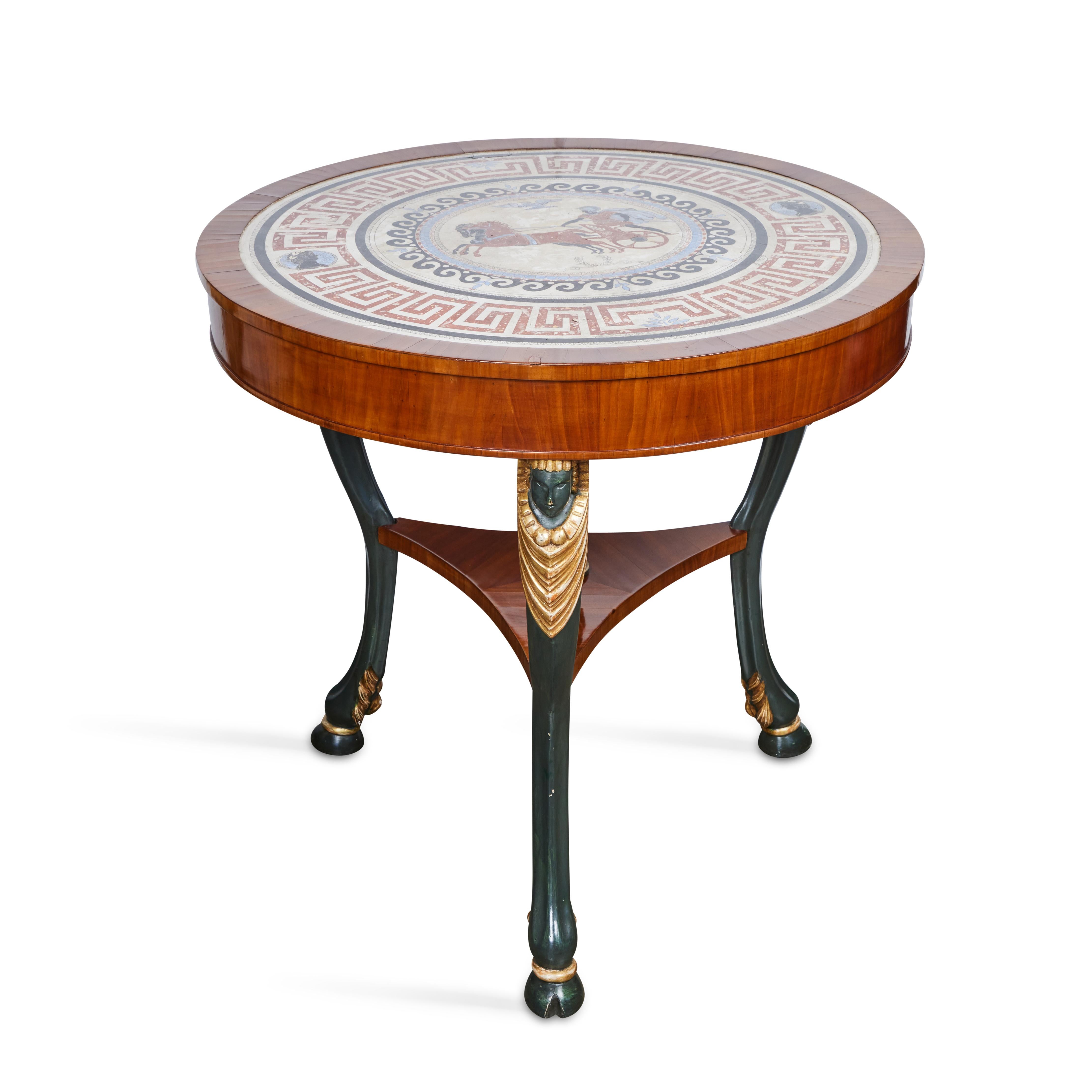 A left and right pair of walnut veneered, painted and gilded tables with scagliola inset tops featuring horse and chariot designs, surrounded by a classic Greek key border and Cesar profile medallions.  From the area of Genoa, Italy.    Sold
