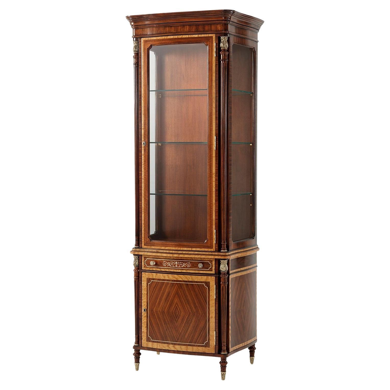 Left Facing Display Cabinet with Floral and line Brass Inlay  For Sale