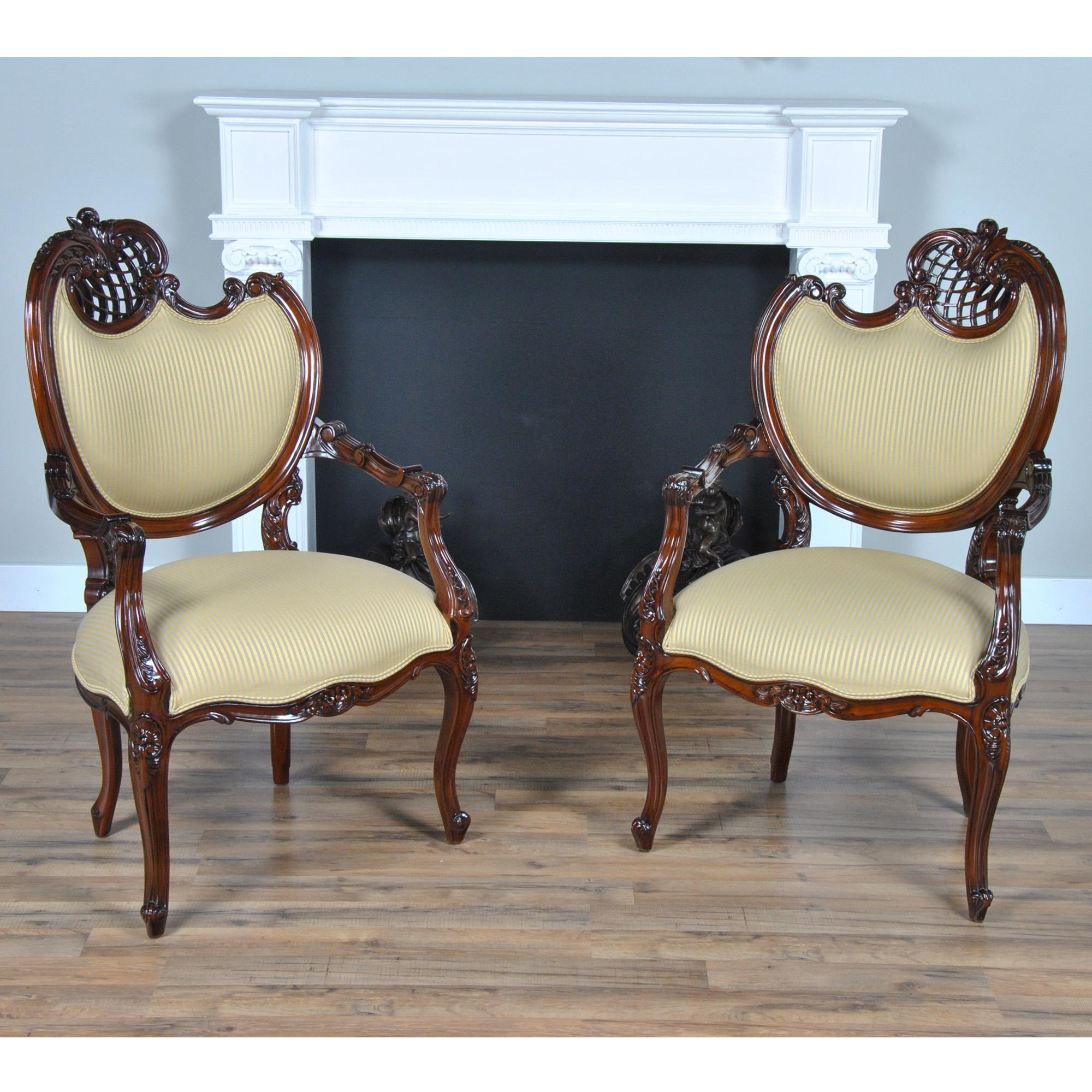 The Left Fireside Chair is a French style living room chair with an asymmetrical back, the higher side of the chair being on a persons left when facing the chair from the front side. This version of fireside chair is completely hand carved from