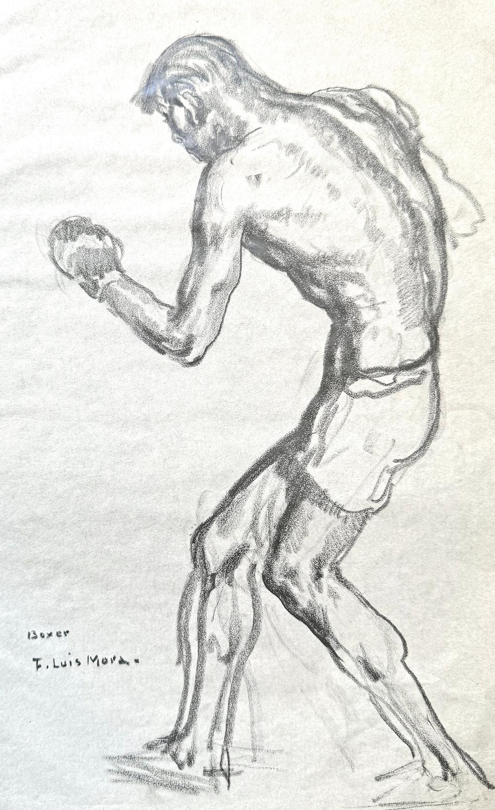 This lithe portrait of a slim boxer throwing a left jab, executed in pencil on thin paper, was executed by Francis Luis Mora, a rare example of an American artist with Uruguayan heritage.  His father came to America to work for the Perth Amboy Terra