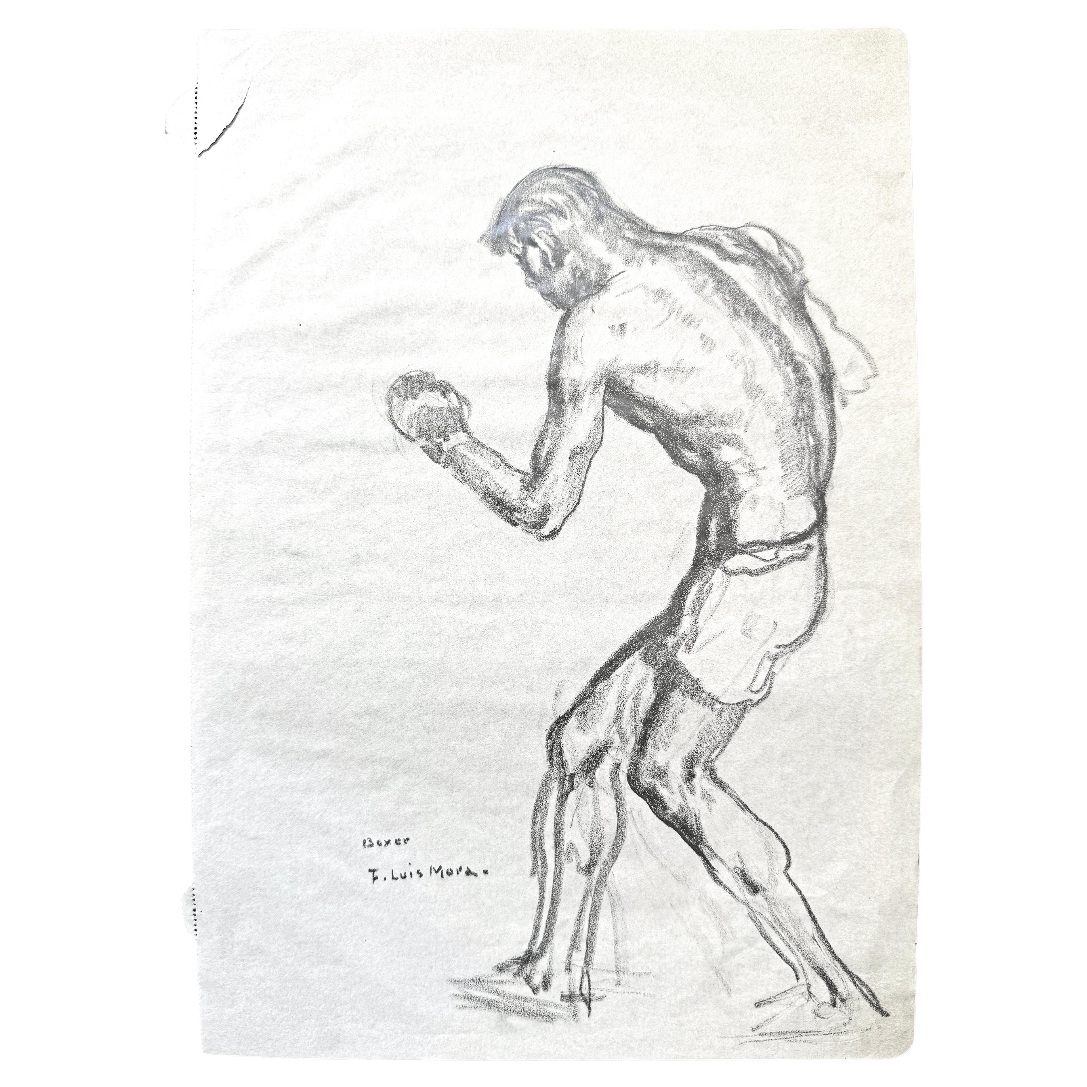 "Jab sinistro", avvincente disegno di pugile di Luis Mora, matita su carta
